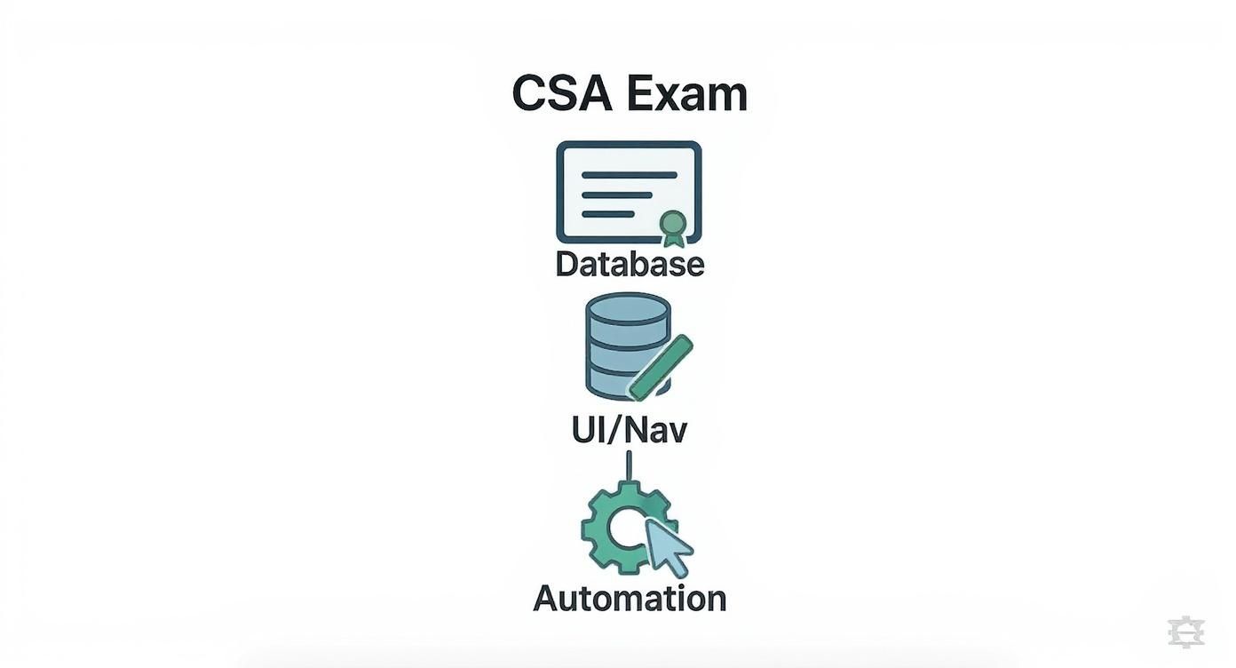 An infographic showing the core domains of the ServiceNow Certified System Administrator exam, including Database Administration, UI/Navigation, and Automation.