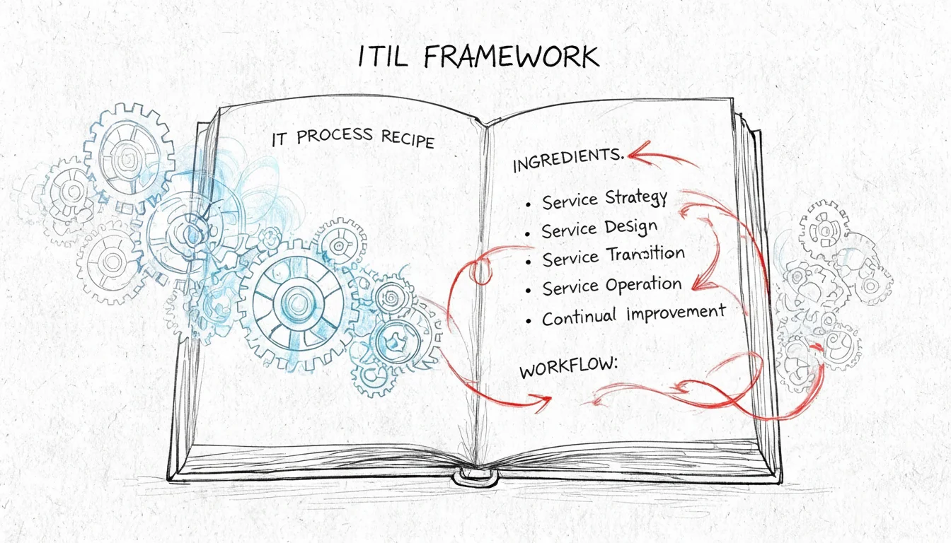 Illustration of an open book showing the ITIL framework with five service management components.