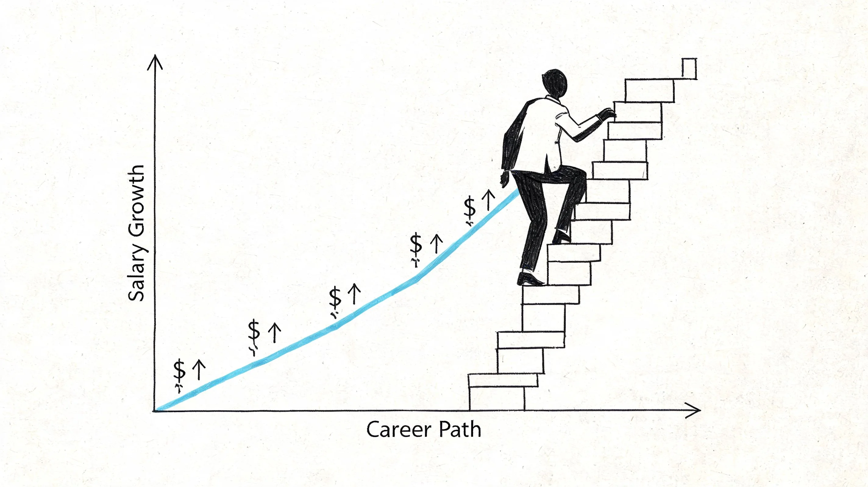 Illustration of a person climbing stairs, symbolizing career growth and salary increase.