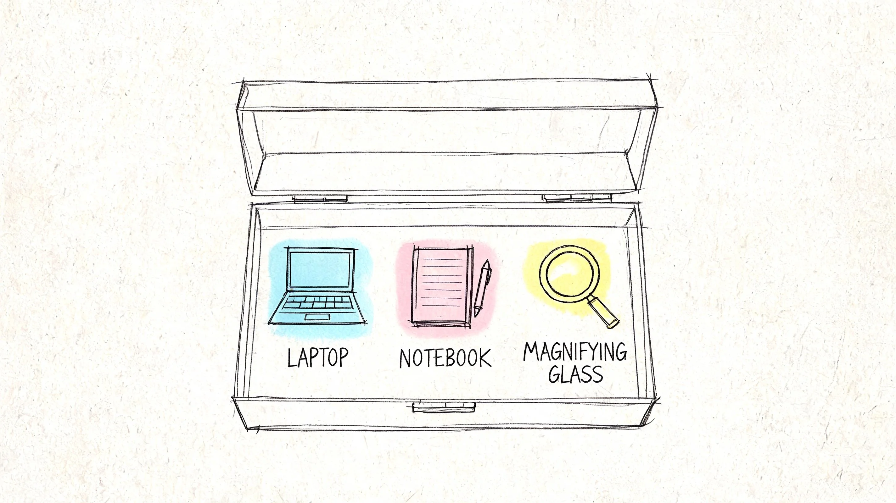 Illustration of an open case with study tools: laptop, notebook, pen, and magnifying glass.