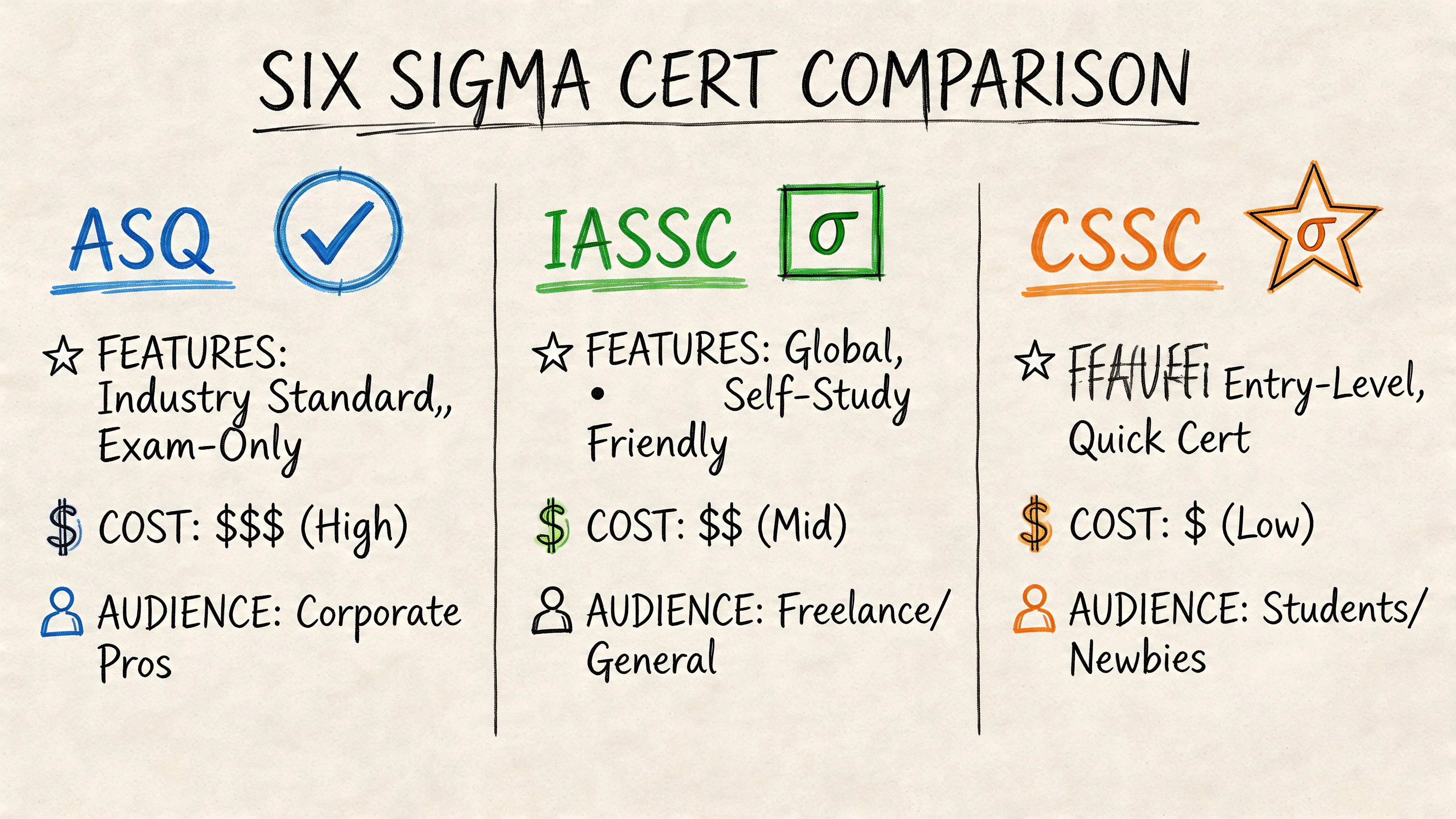 A comparative chart showing the features, costs, and target audiences for ASQ, IASSC, and CSSC Six Sigma certifications.