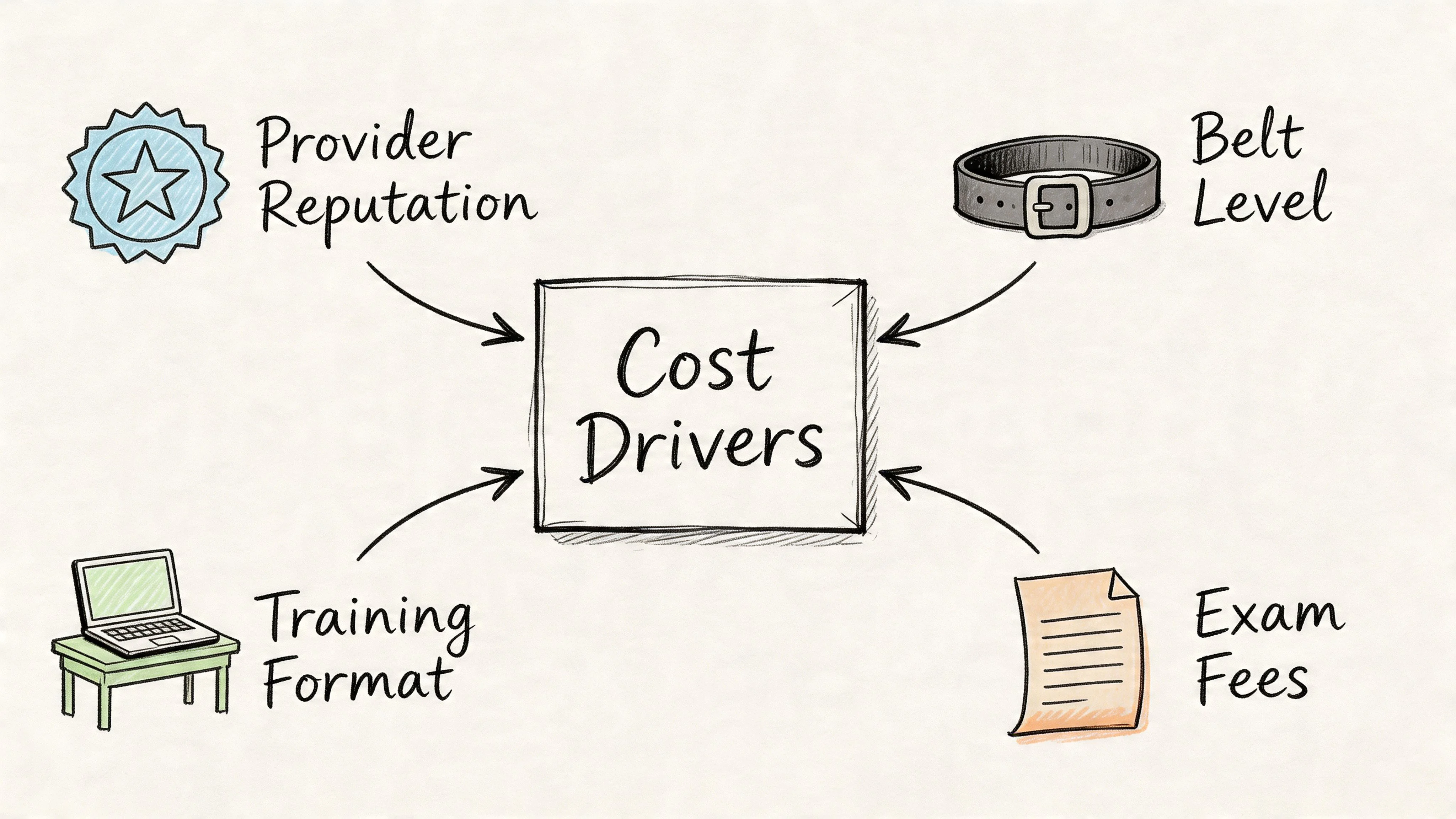 A diagram illustrating the key cost drivers of Six Sigma certification, including provider reputation, belt level, training format, and exam fees.