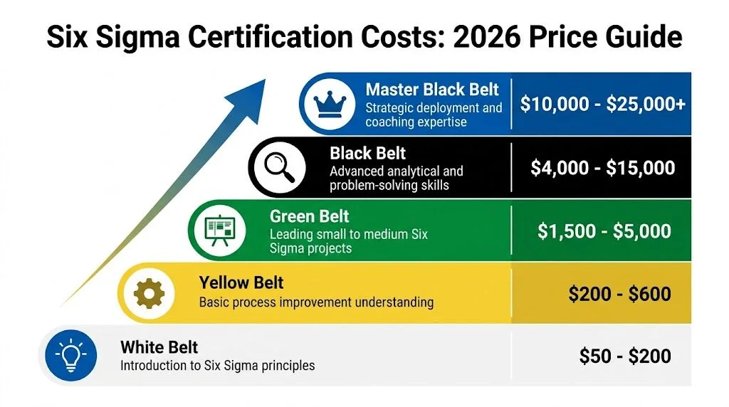 A chart showing 2026 pricing for various Six Sigma certification levels from White Belt to Master Black Belt.