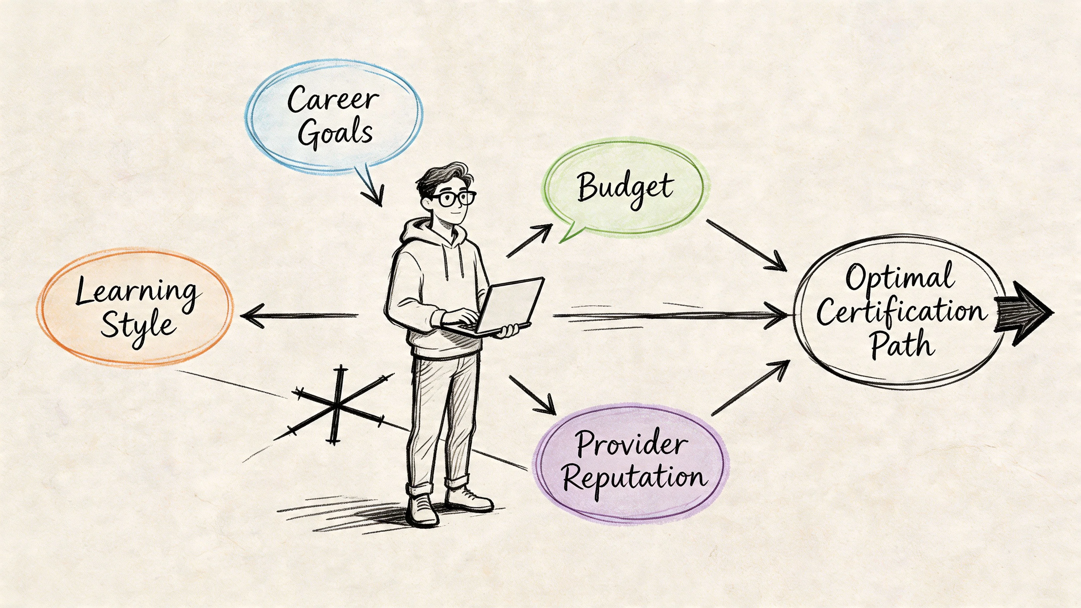 A hand-drawn illustration showing a person considering factors to determine their optimal certification path.
