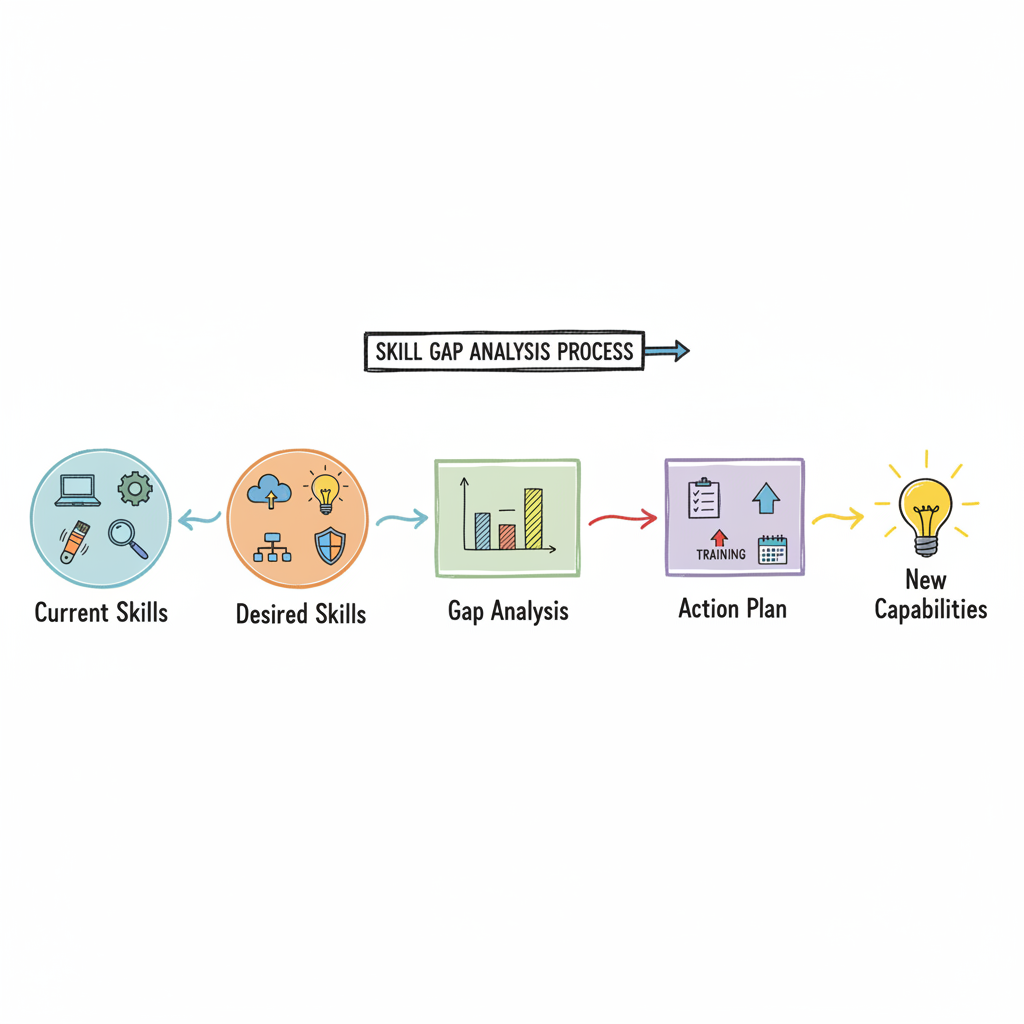 A team collaborating around a table, analyzing charts and data on a laptop, representing a strategic skill gap analysis session.