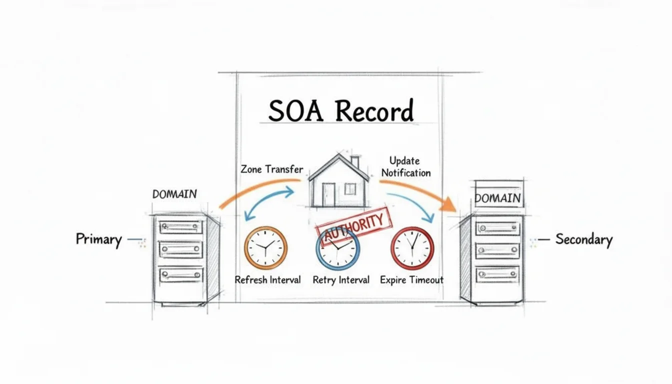 Diagram illustrating an SOA Record's role in DNS synchronization between primary and secondary domain servers.