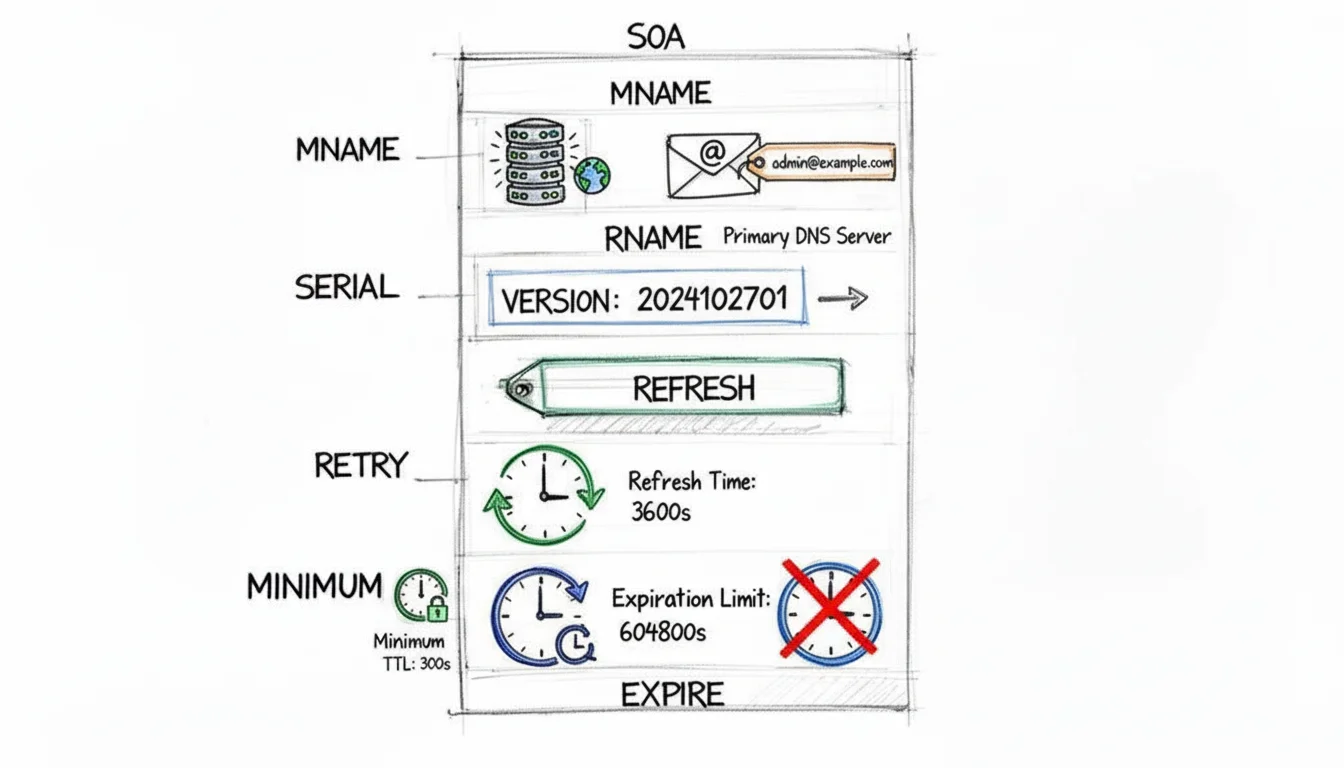 A detailed sketch illustrating the components of a DNS SOA record, including MNAME, RNAME, SERIAL, REFRESH, RETRY, MINIMUM, and EXPIRE fields.