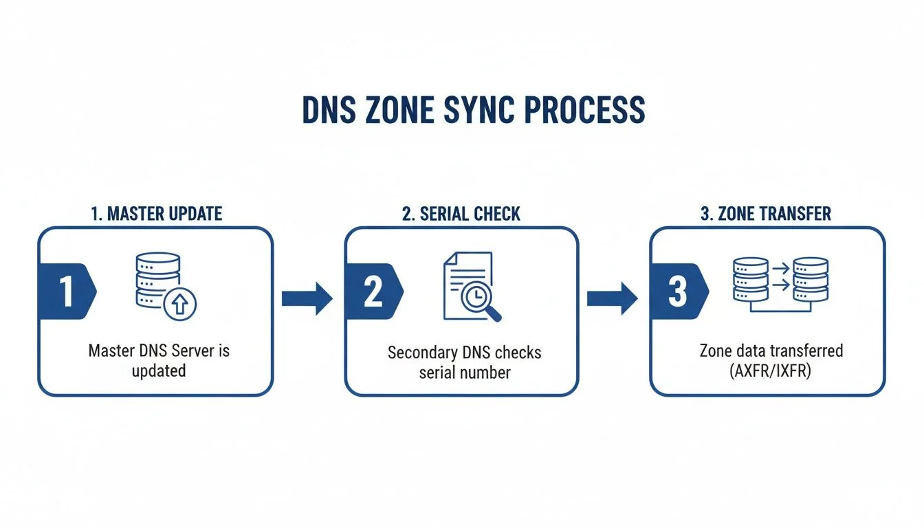Diagram showing the three-step DNS zone sync process: master update, serial check by secondary, and zone data transfer.