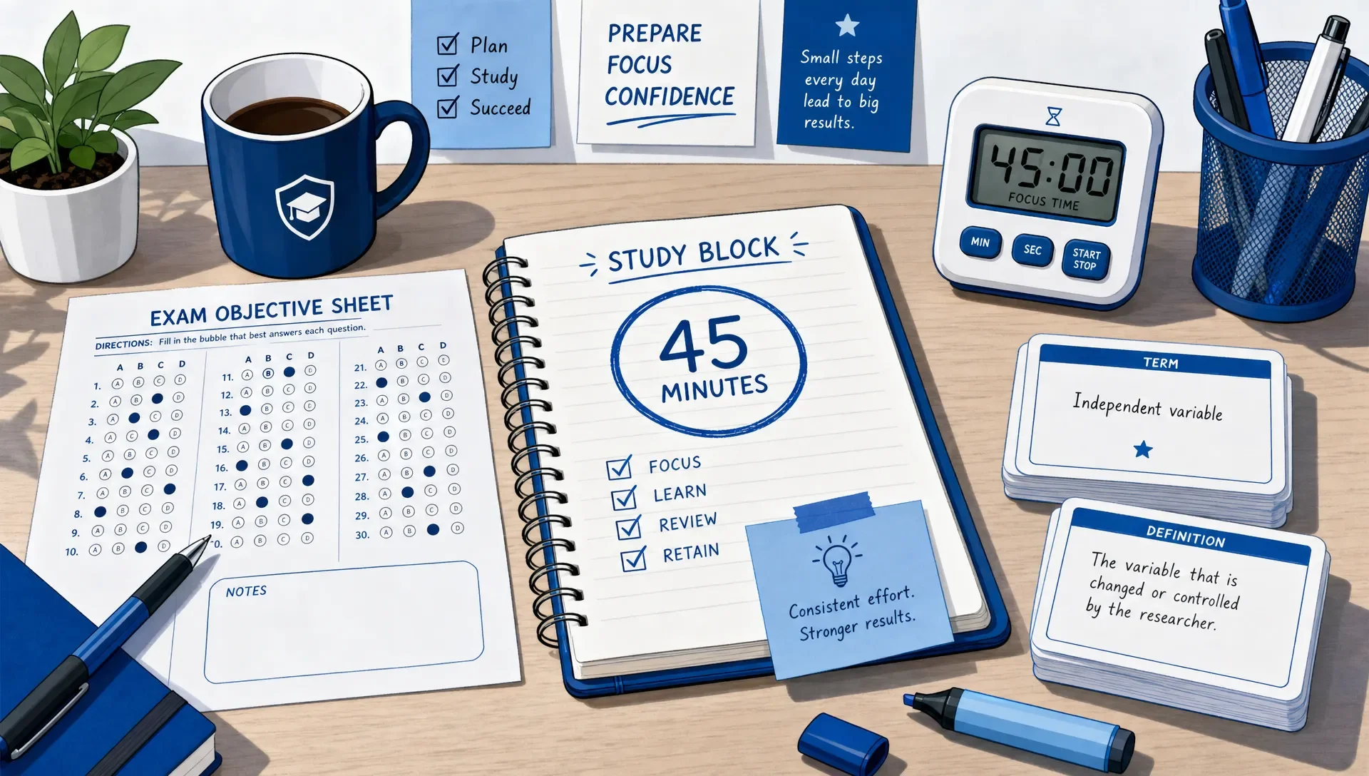 Desk with exam objectives, study notebook, flashcards, and timer.