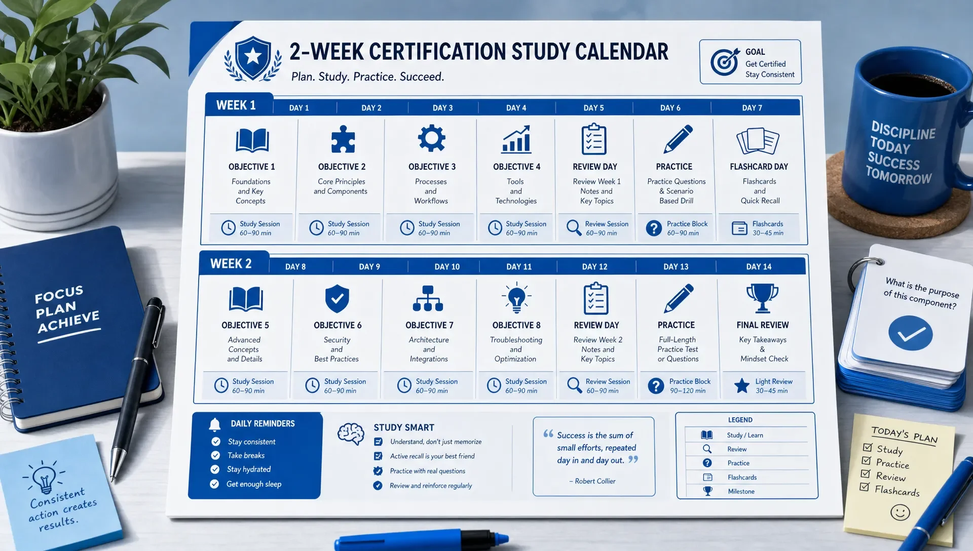 Two-week study calendar on a desk, showing planned sessions and reviews.