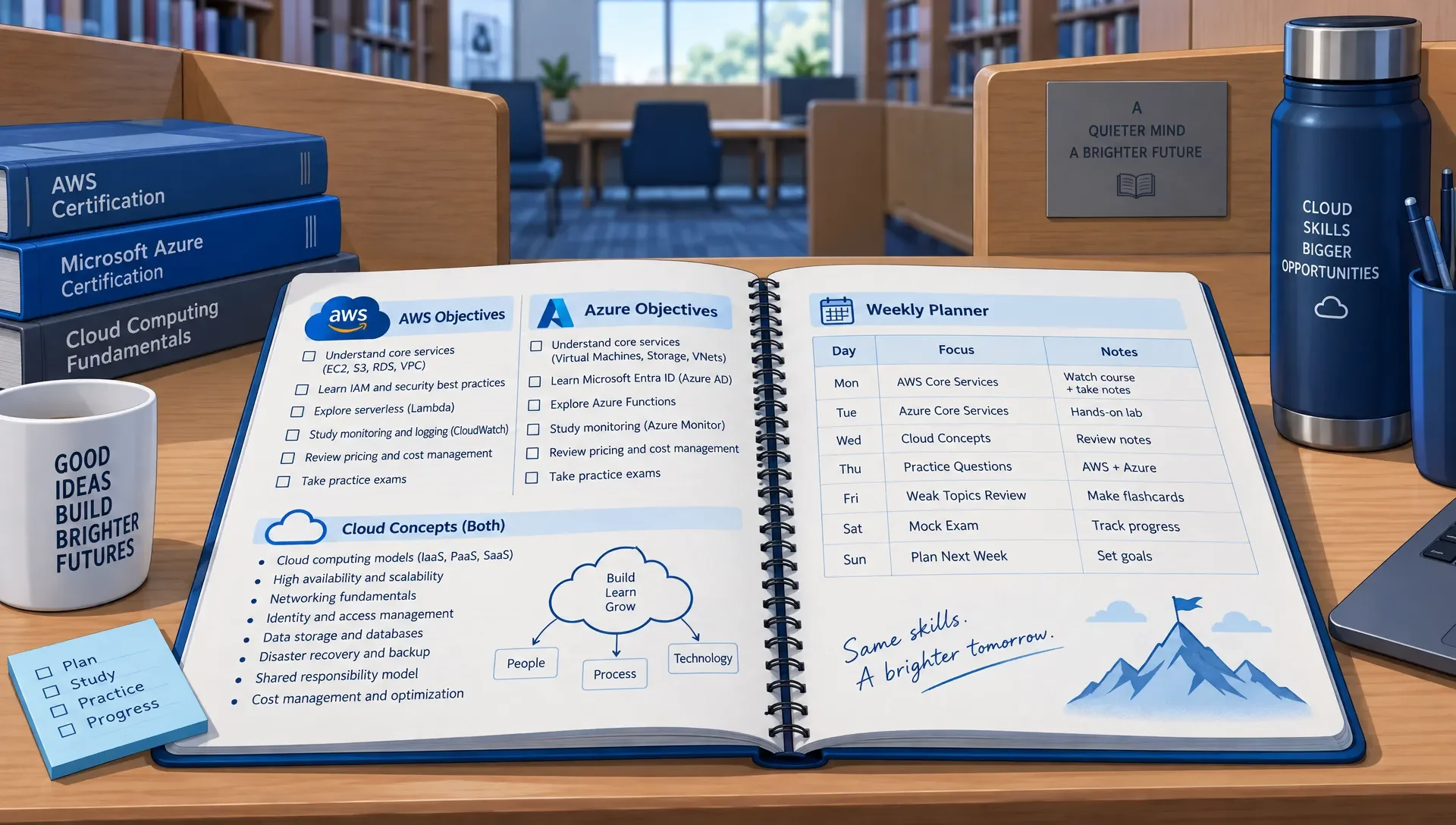 An open notebook in a library study carrel shows separate AWS and Azure objective pages alongside a shared cloud-concepts note and a weekly planner.