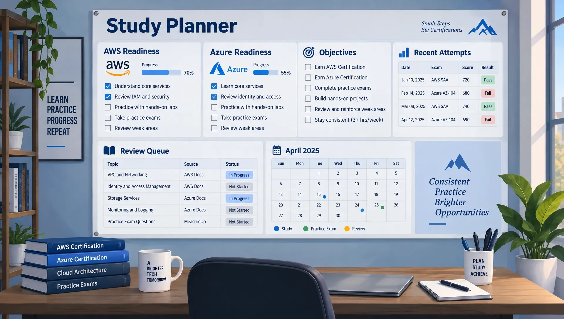 A wall-mounted study planner in a quiet home workspace keeps AWS and Azure readiness records, objective checklists, dated attempts, and review queues in separate sections.