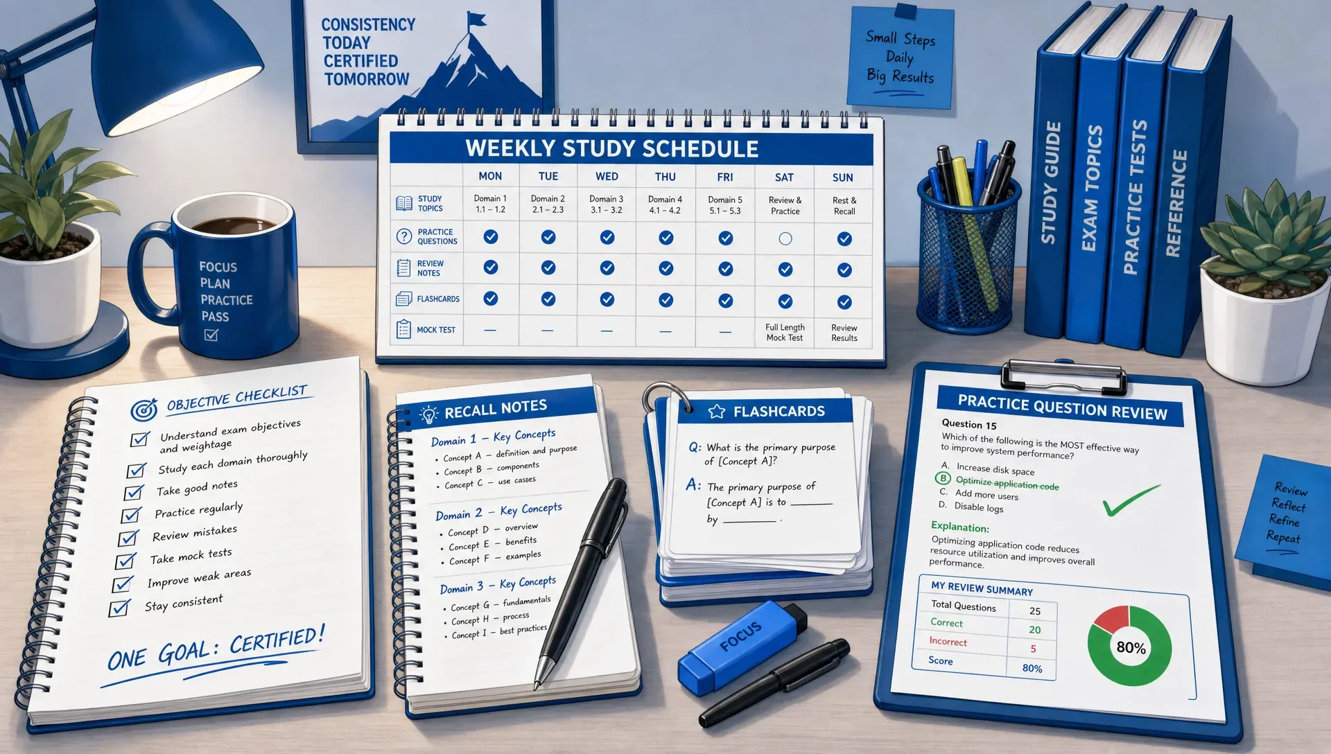 Certification study desk with a weekly schedule, objective checklist, recall notes, flashcards, and a practice question review sheet.