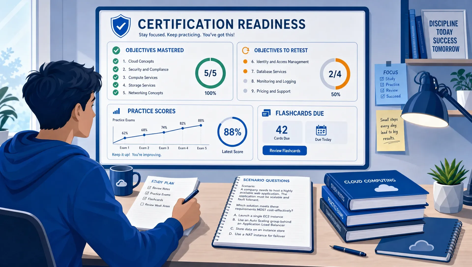 Learner reviewing a certification readiness board showing mastered objectives, retest targets, practice scores, and flashcards.