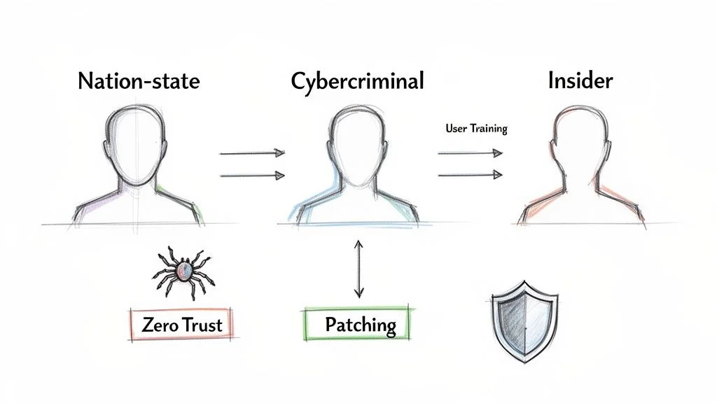 Diagram illustrating nation-state, cybercriminal, and insider cybersecurity threats along with their corresponding security countermeasures.