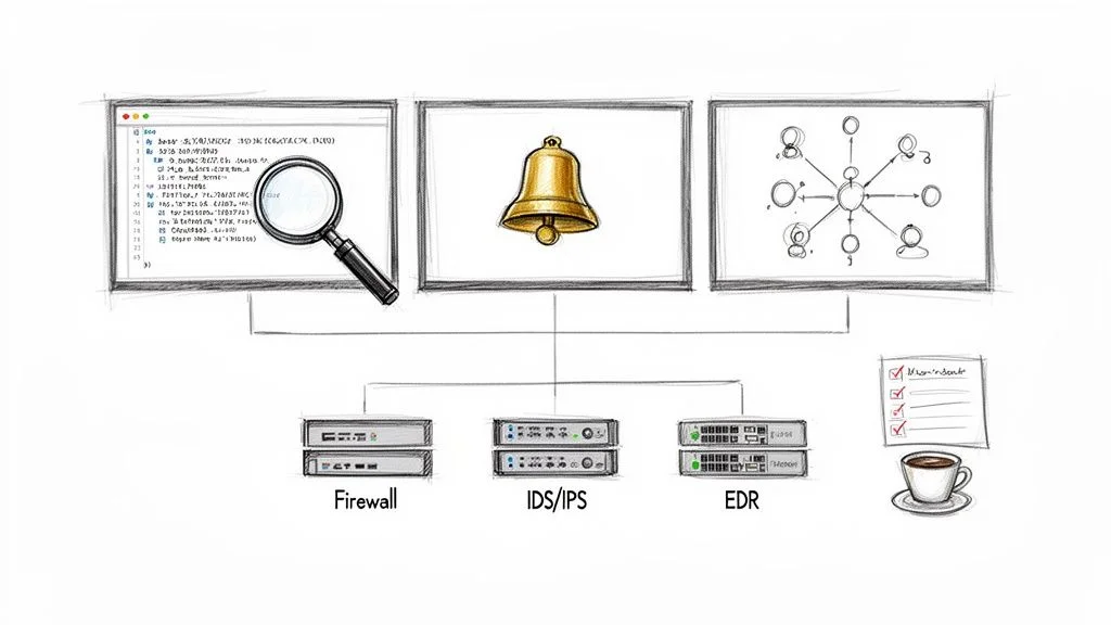 Diagram illustrating cybersecurity processes: code analysis, alerts, network threats, and security systems like Firewall, IDS/IPS, EDR.