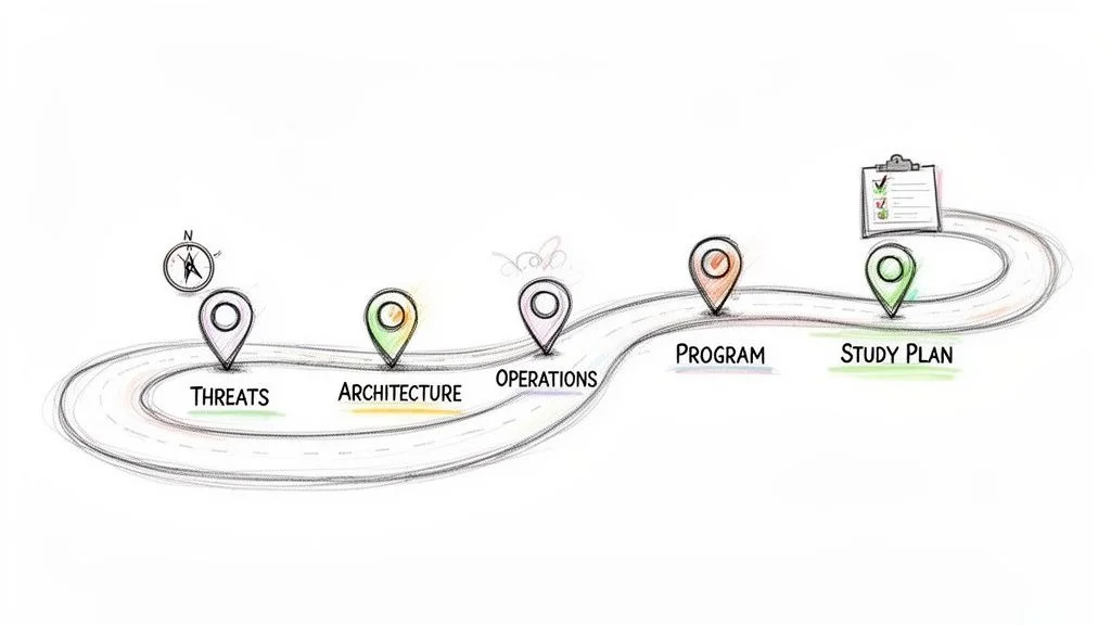 A roadmap graphic showing a journey through stages: Threats, Architecture, Operations, Program, and Study Plan, with a checklist.