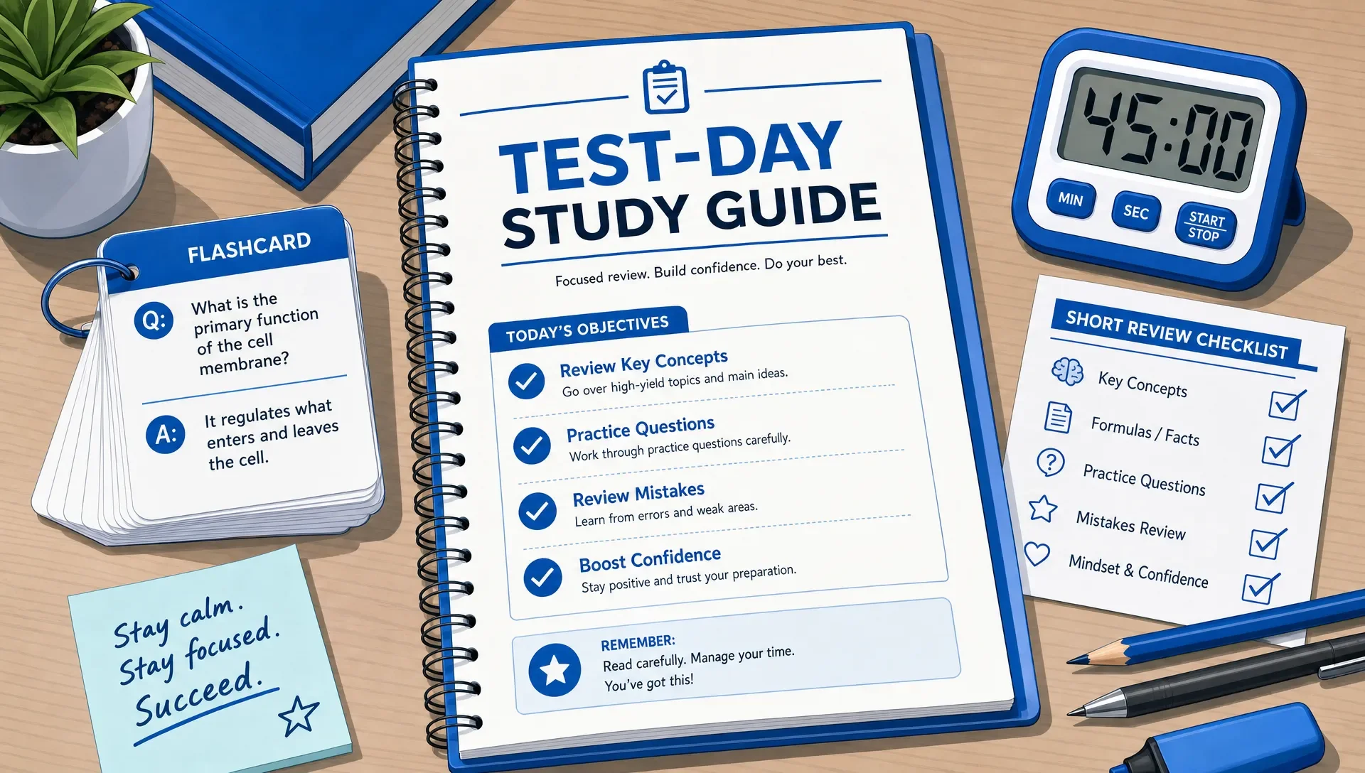 A focused test-day study guide is laid out on a desk with objective checkmarks, flashcards, a timer, pencils and a short review checklist.