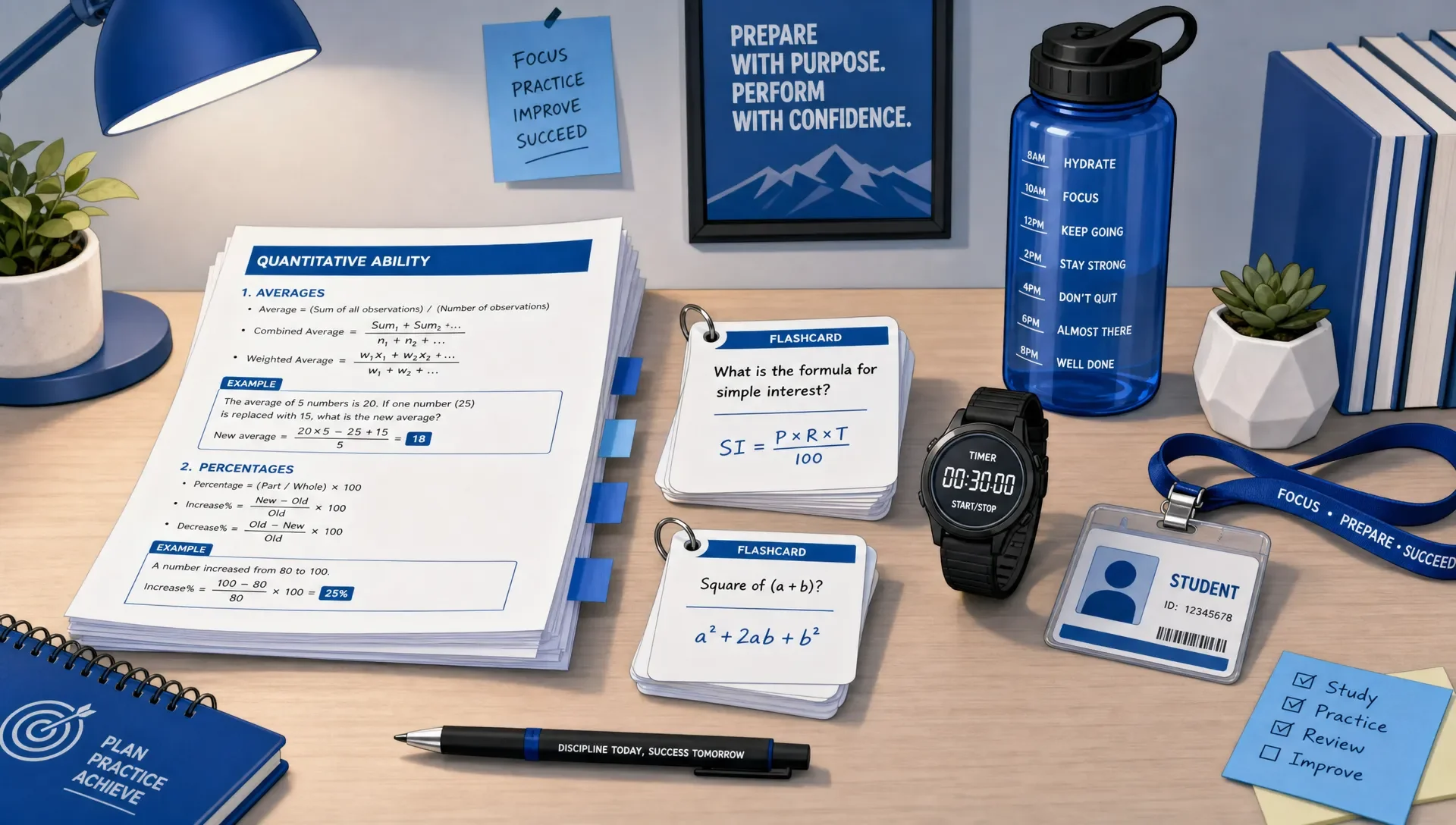 Printed objective notes, flashcards, a watch, a water bottle and an ID card are arranged in a quiet study space for timed practice.