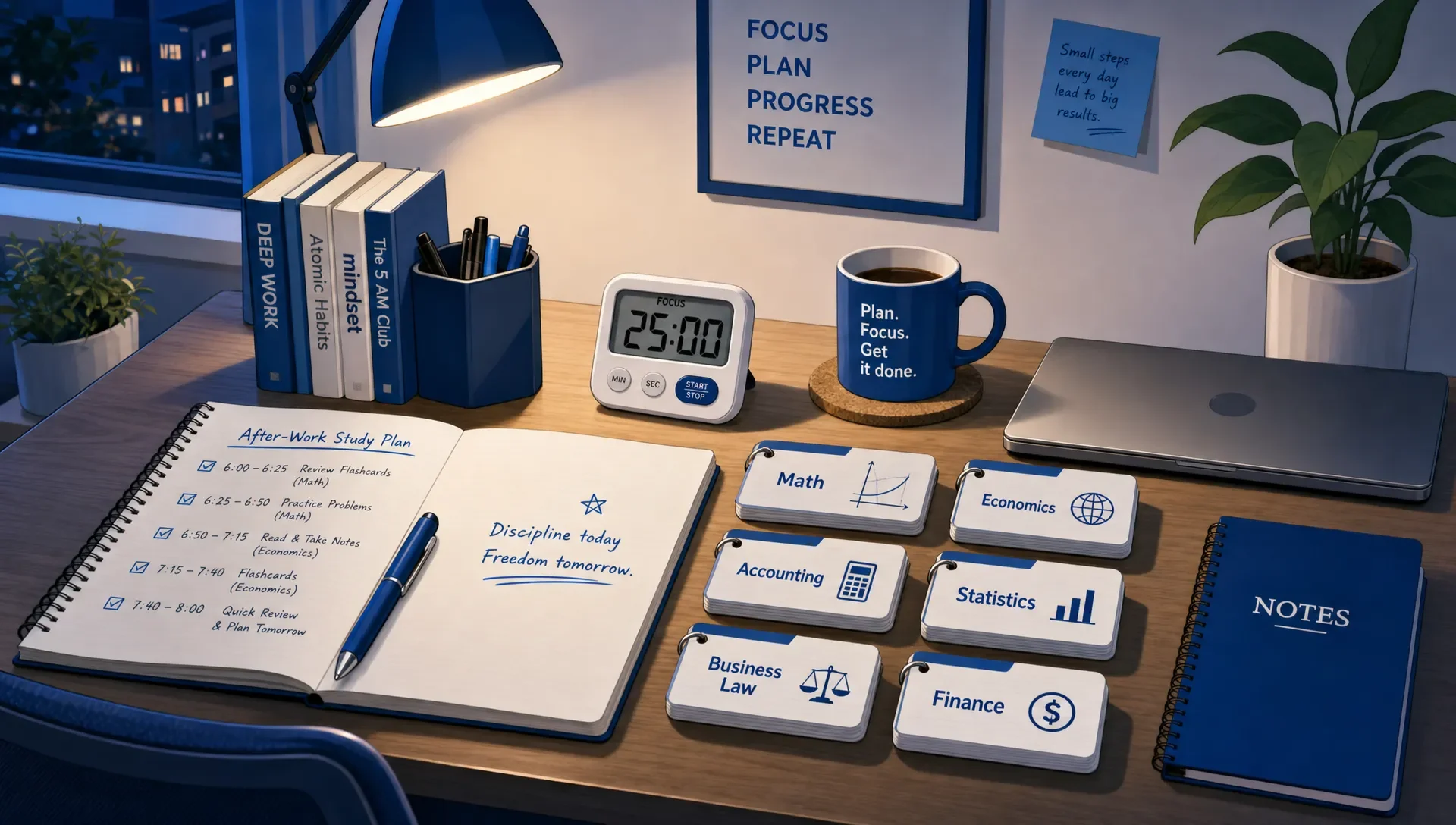 A tidy after-work study table with a notebook open to a short study plan, flashcards, a timer, and a mug beside a closed laptop.