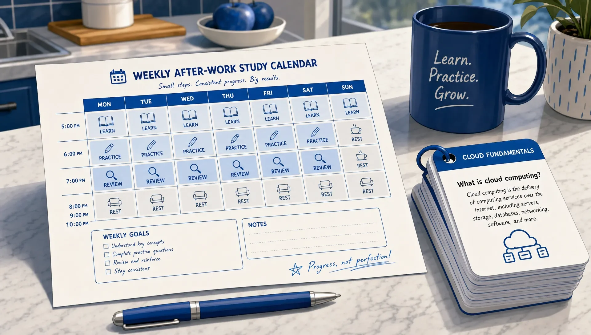 A weekly after-work study calendar on paper with short evening blocks for learn, practice, review, and rest, next to certification flashcards on a kitchen counter.