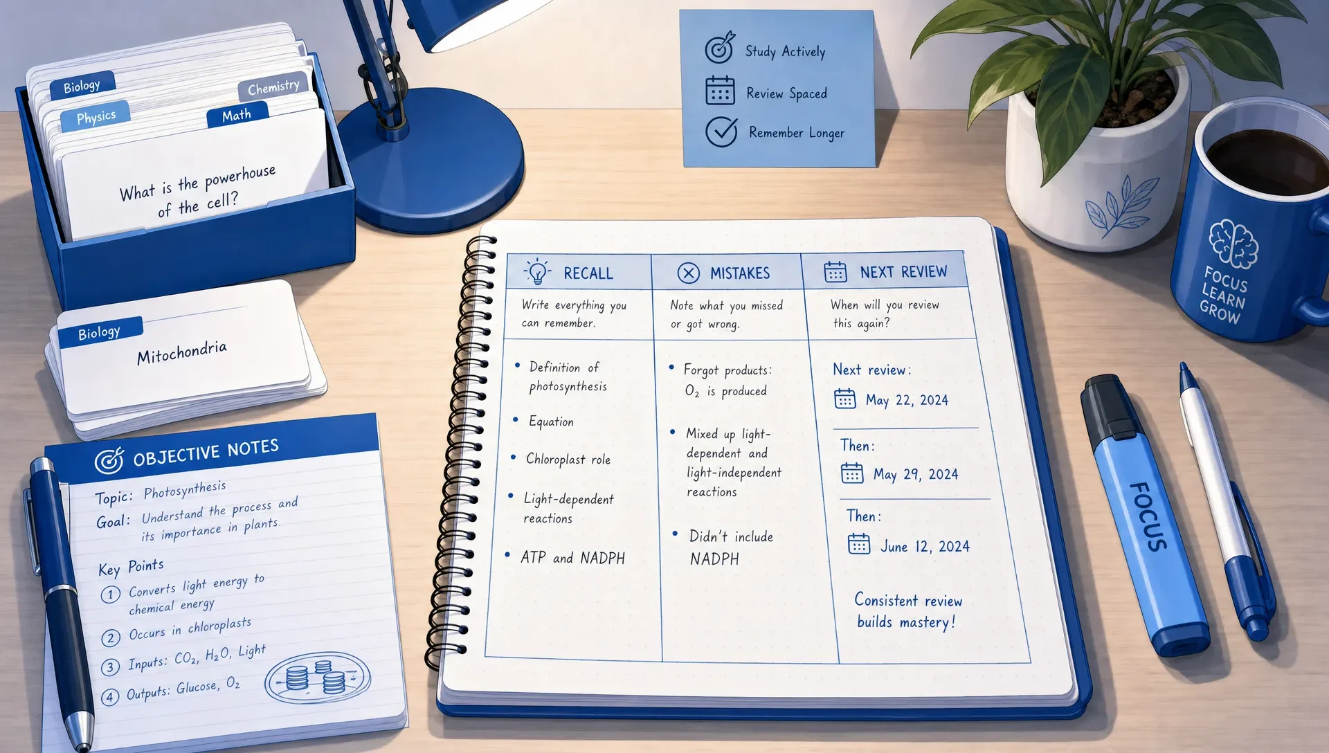 A study desk shows a notebook divided into recall, mistakes and next review columns beside flashcards and objective notes.
