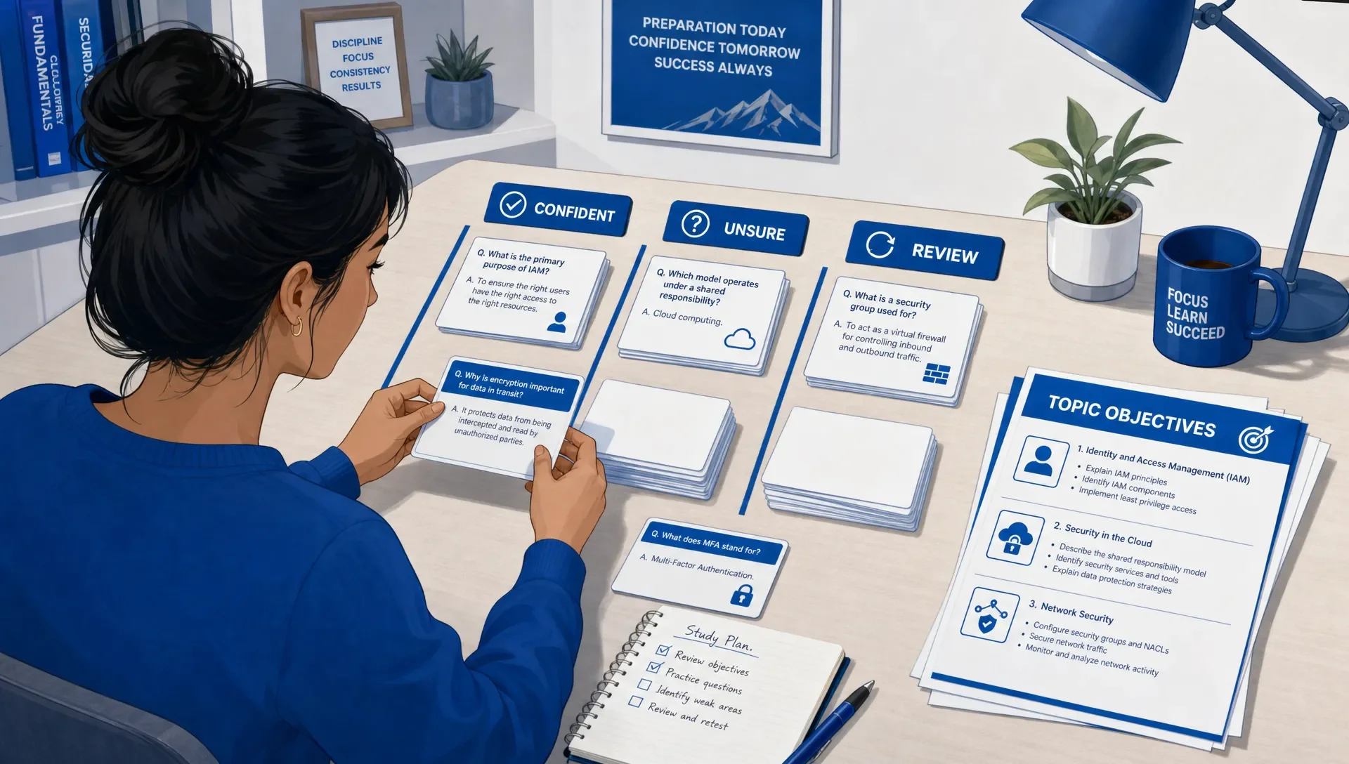 An adult learner sorts certification practice question cards into confident, unsure and review columns beside topic objective sheets.