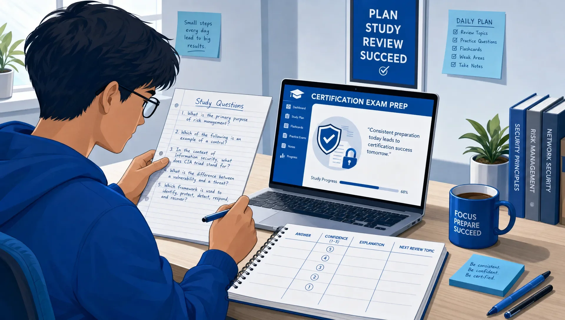 A certification learner reviewing handwritten study questions beside a laptop, with a notebook showing columns for answer, confidence, explanation, and next review topic.