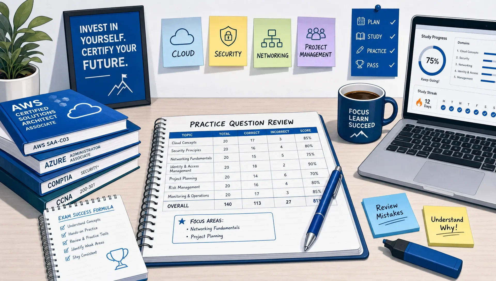A clean desk setup with certification study materials, sticky notes labeled cloud, security, networking, and project management, and a visible practice question review grid in a notebook.