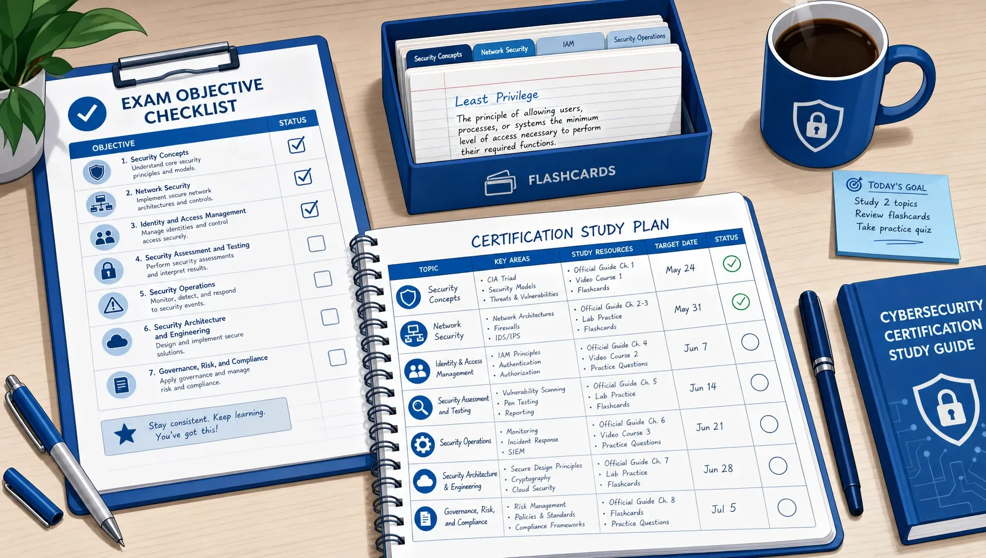 Study desk with an exam objective checklist, flashcards, and a notebook.