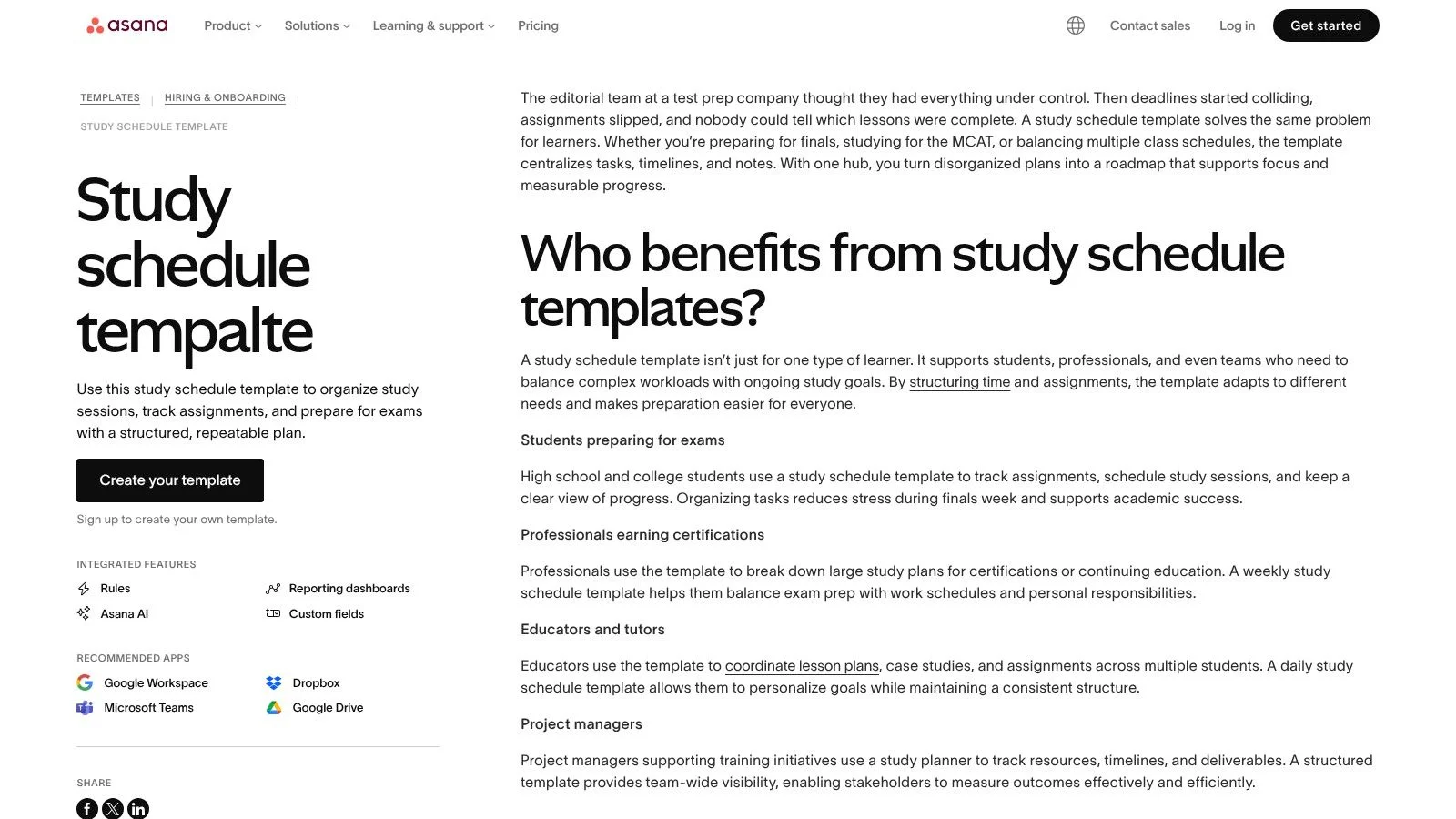 Asana Study Schedule Template Interface