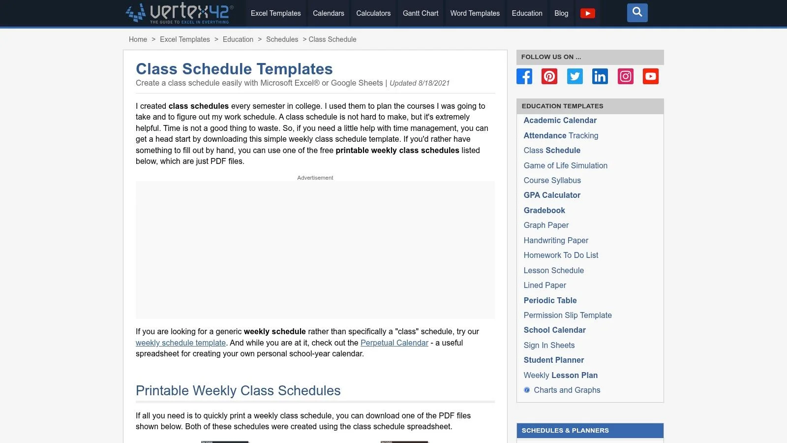 Vertex42 Class Schedule Template