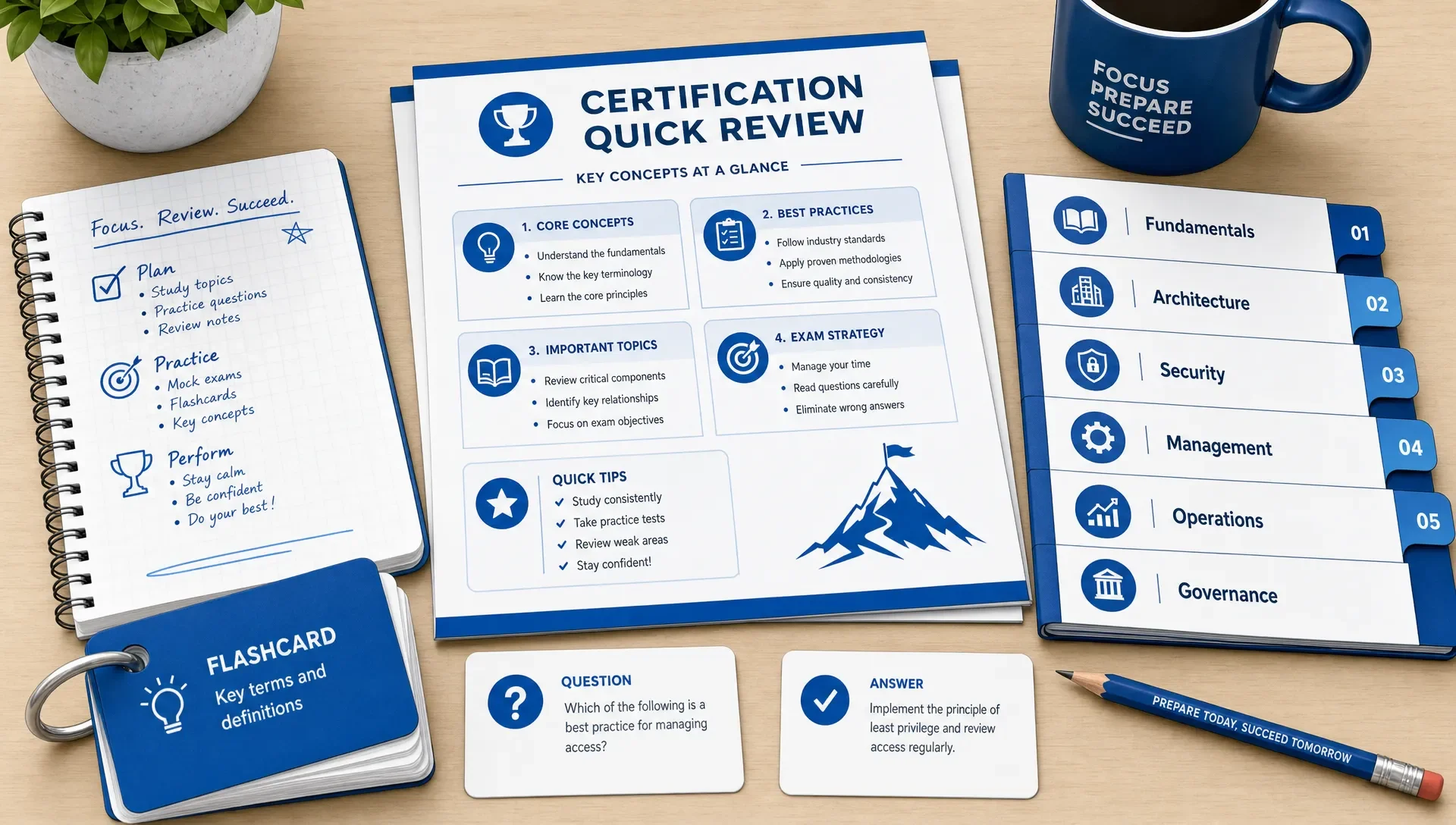 Printed study sheets, topic tabs, flashcards, and a pencil are arranged on a desk for a quick certification review.