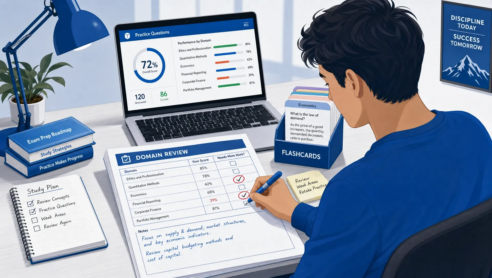 An adult learner marks weak exam domains on review sheets beside practice question results and flashcards.