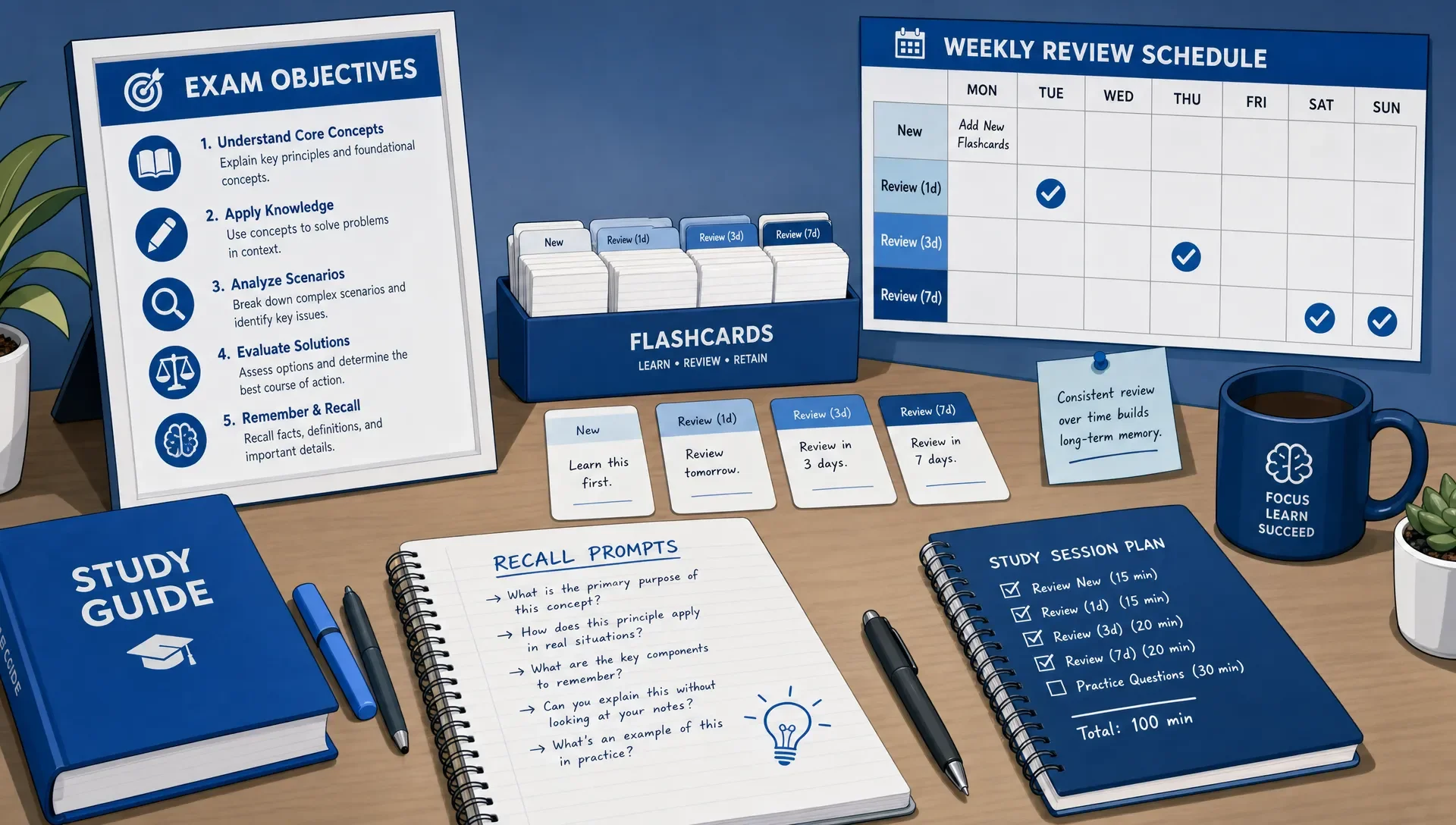 A quiet indoor study desk with printed exam objectives, handwritten recall prompts, spaced flashcards, and a simple weekly calendar showing review intervals.