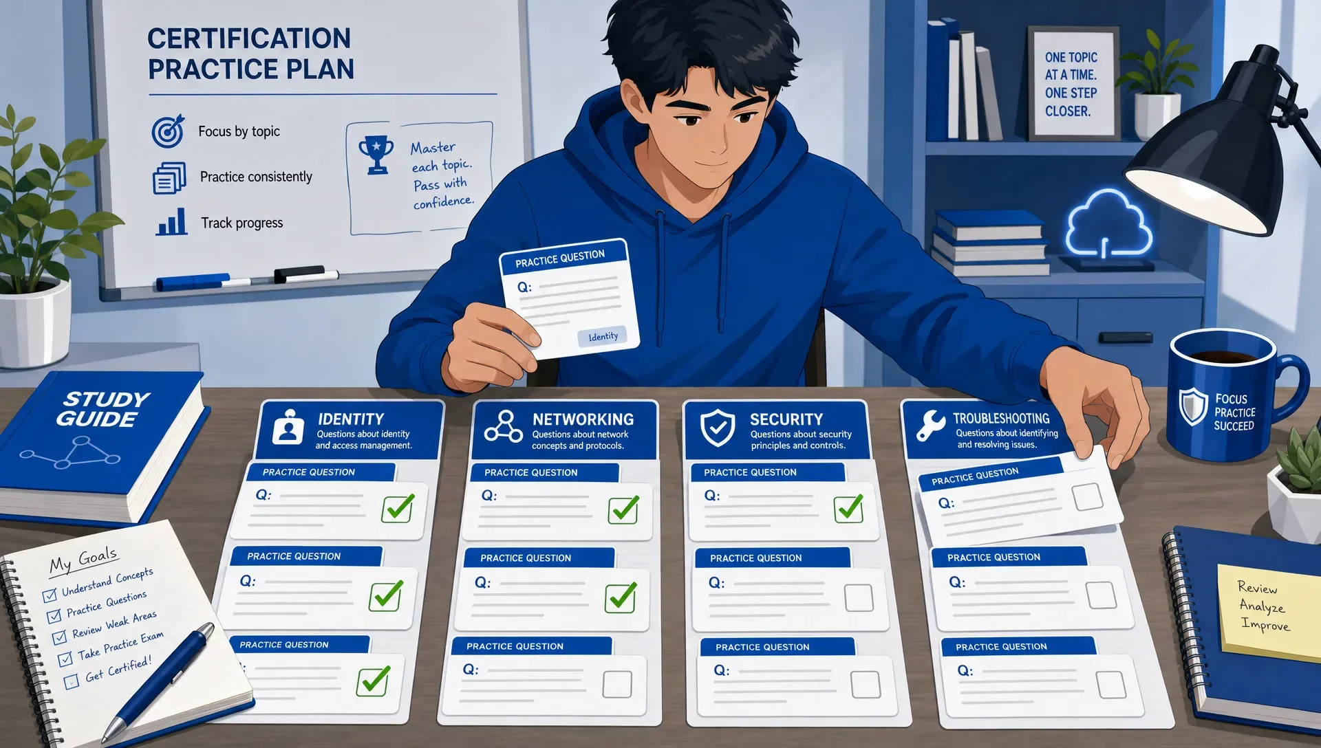 A person organizing certification practice questions into topic groups such as identity, networking, security, and troubleshooting, with checkmarks marking mastered areas on cards spread across a table.