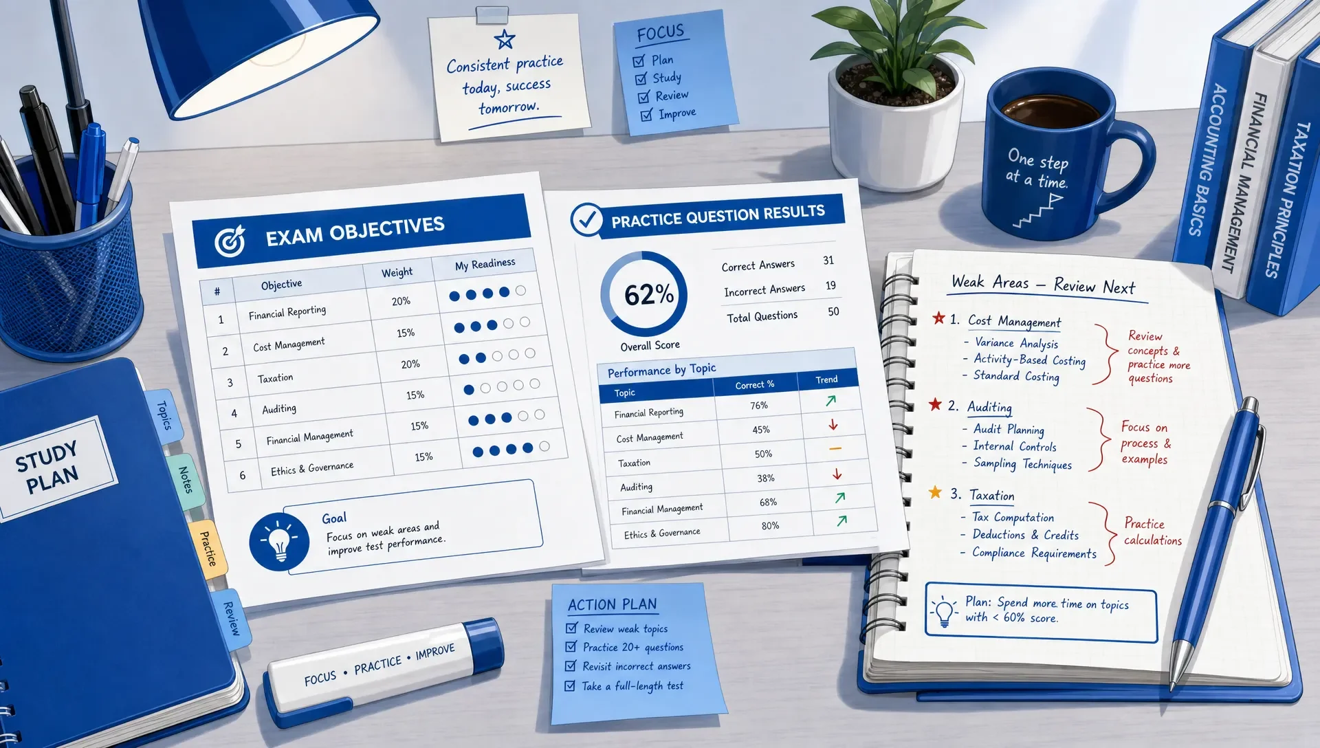 A study table shows exam objectives, printed question results, topic labels, and handwritten notes about weak areas to review next.