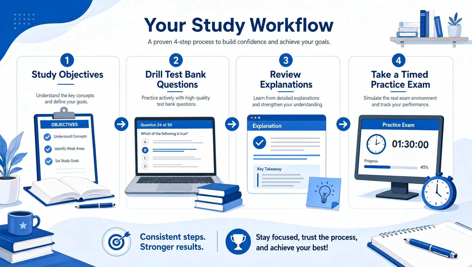 A workflow board shows four stages: study objectives, drill test bank questions, review explanations, and take a timed practice exam.