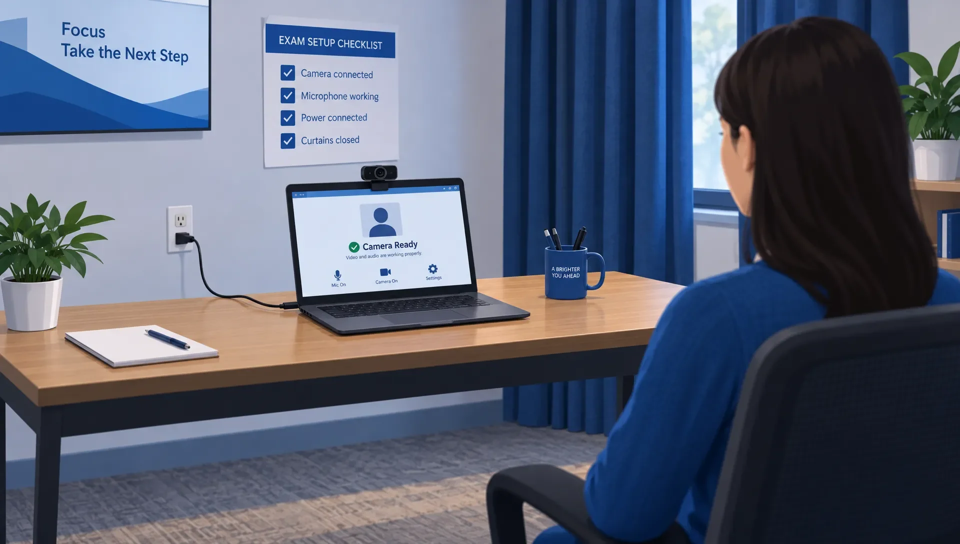 Laptop and webcam in a private room during an exam setup check.