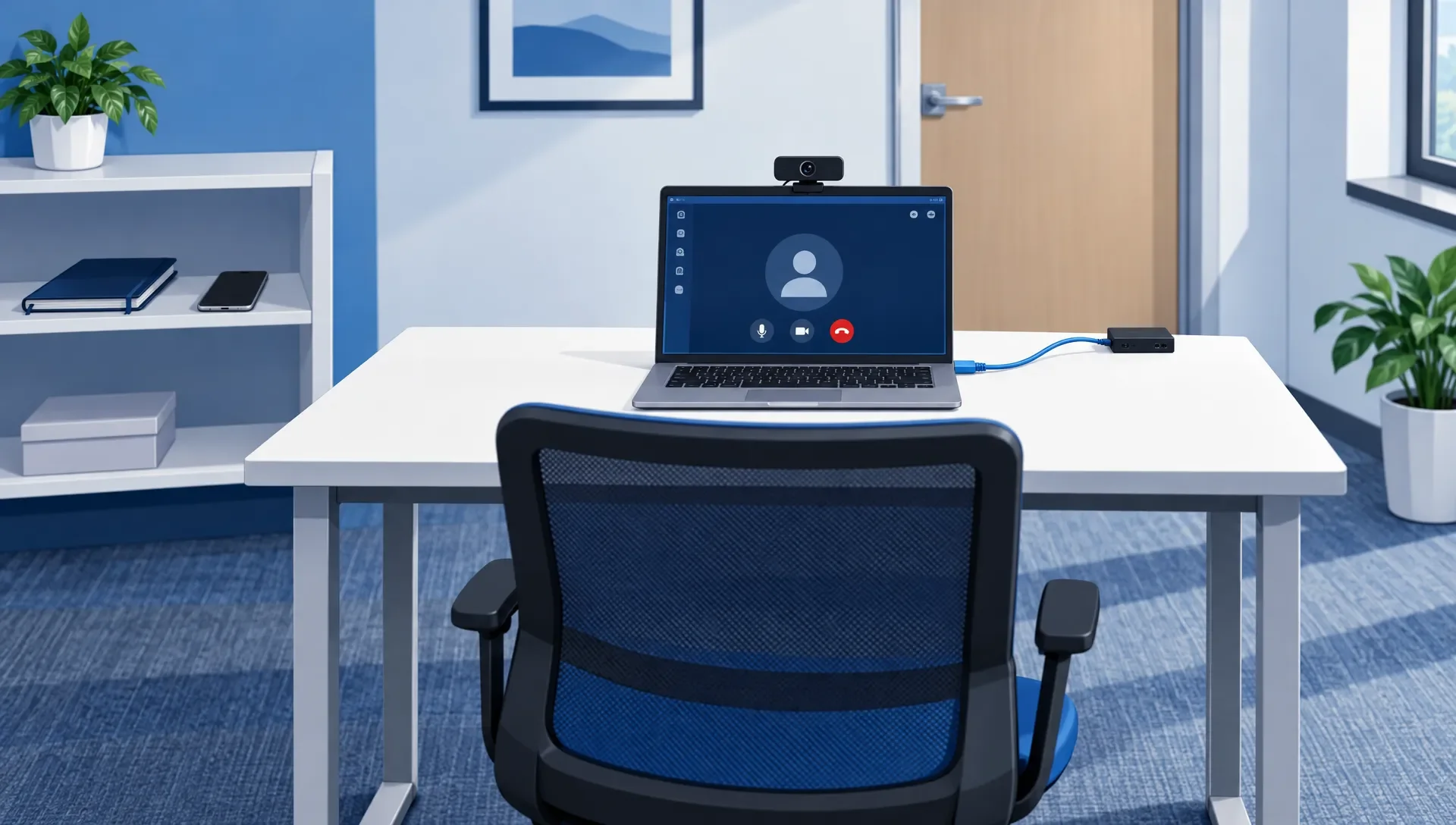 Exam setup with laptop, external webcam, and wired network connection.