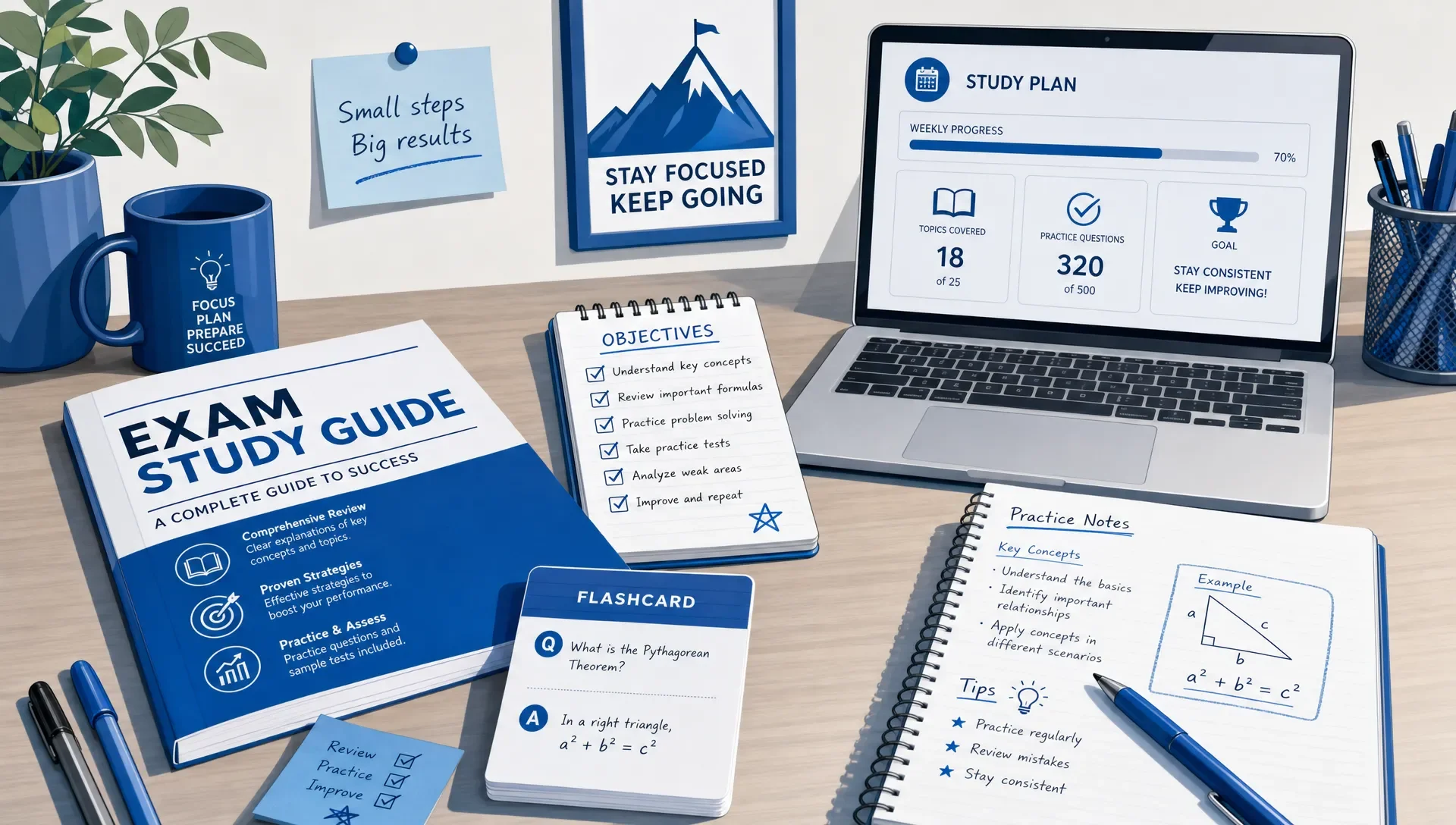 A study desk holds printed guides, objective checkmarks, flashcards, and practice notes beside a laptop.
