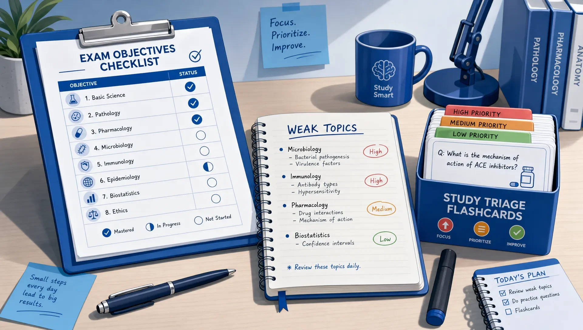 A desk with an exam objective checklist, a notebook of weak topics, and a stack of flashcards for study triage.