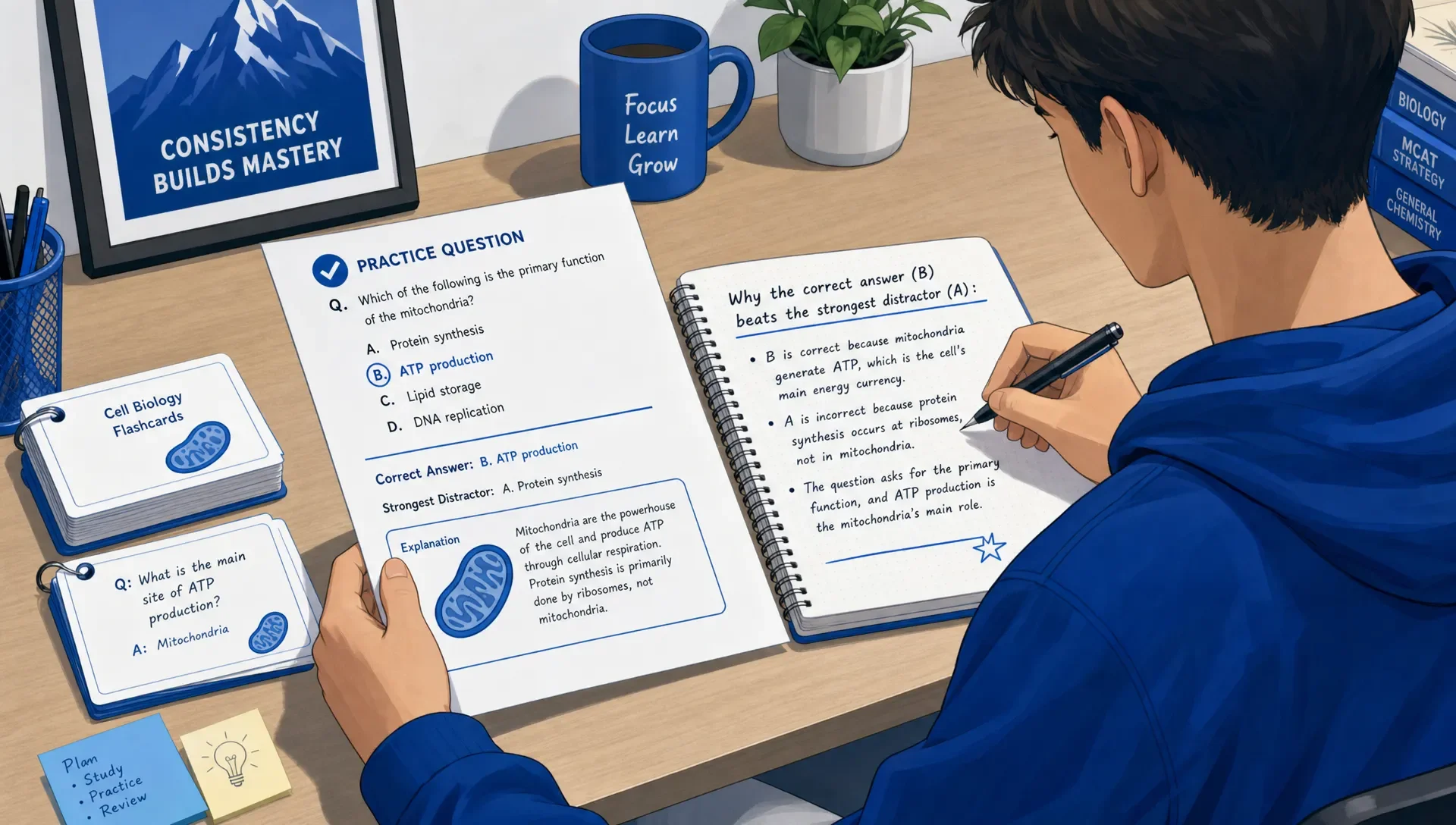 A learner reviews a printed practice question and writes why the correct answer beats the strongest distractor, with flashcards nearby.