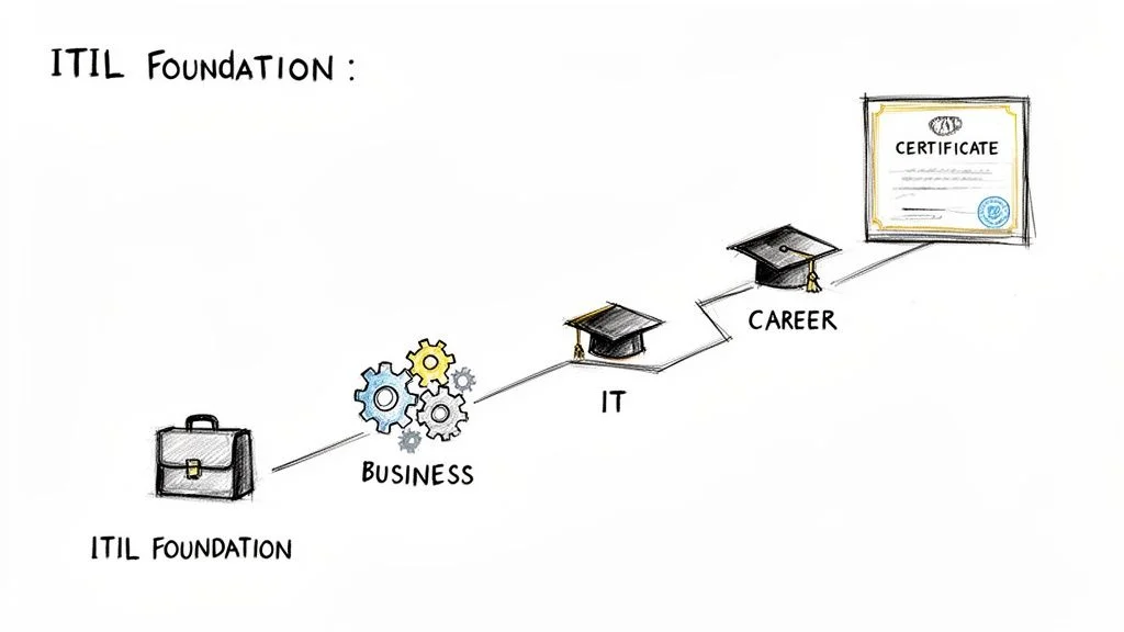A diagram illustrates the progression from ITIL Foundation training to business, IT skills, career advancement, and achieving a certificate.