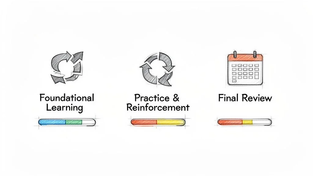 Illustration depicting a three-step learning process: Foundational Learning, Practice, and Final Review.