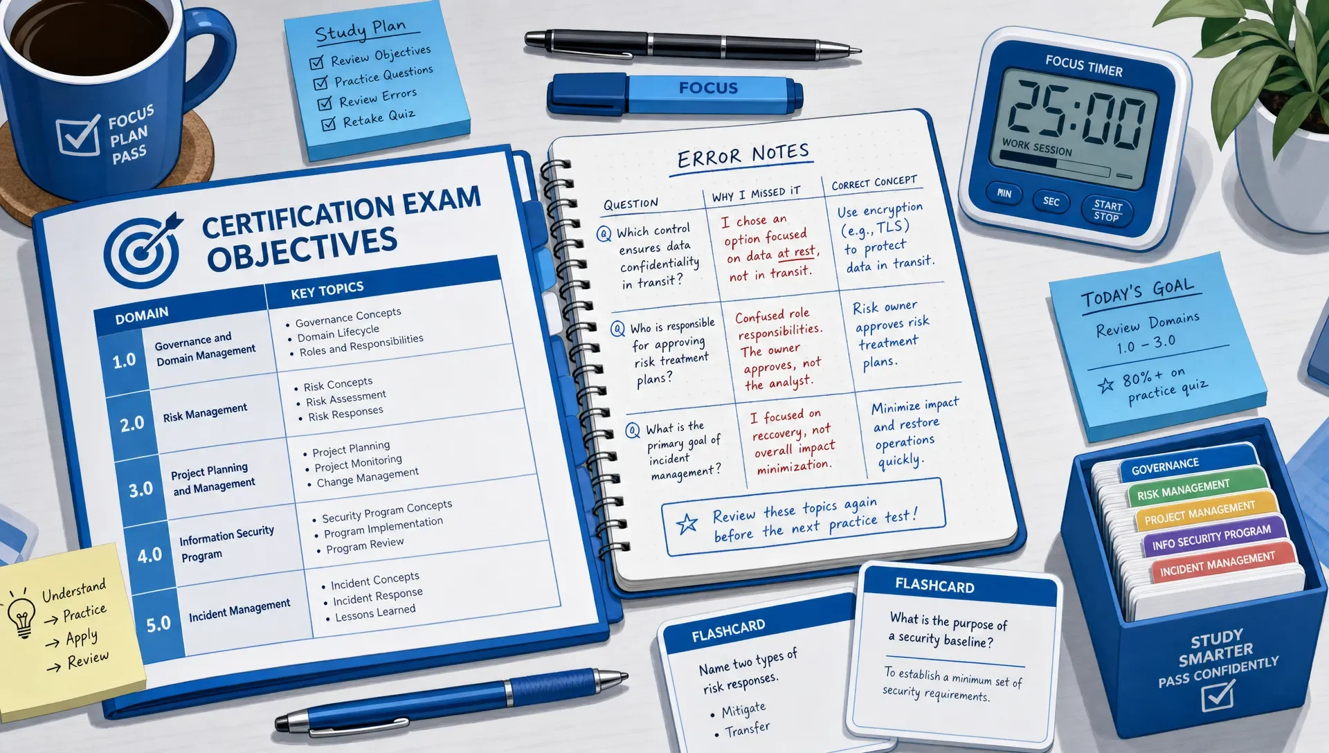 Study desk with exam objectives, handwritten notes, flashcards, and a timer.