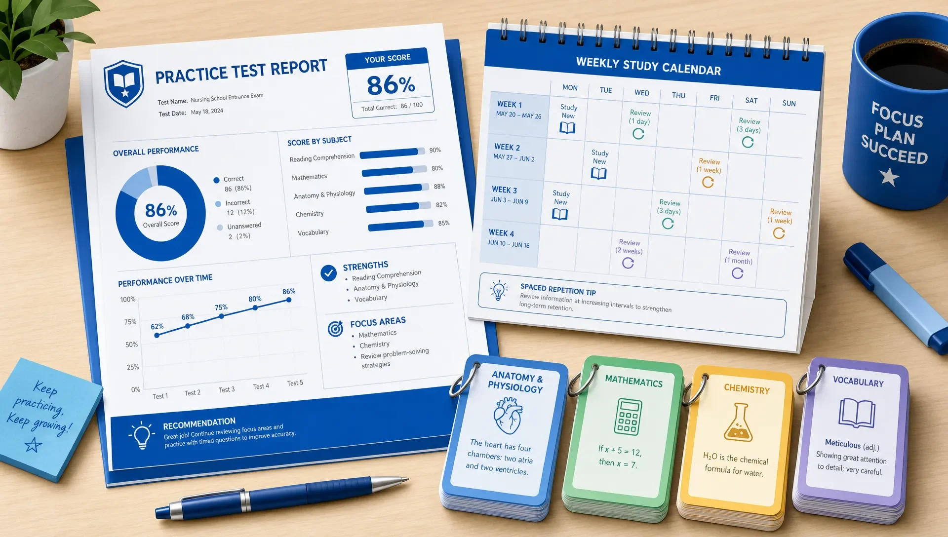Practice test report, color-coded flashcards, and a weekly study calendar on a table.