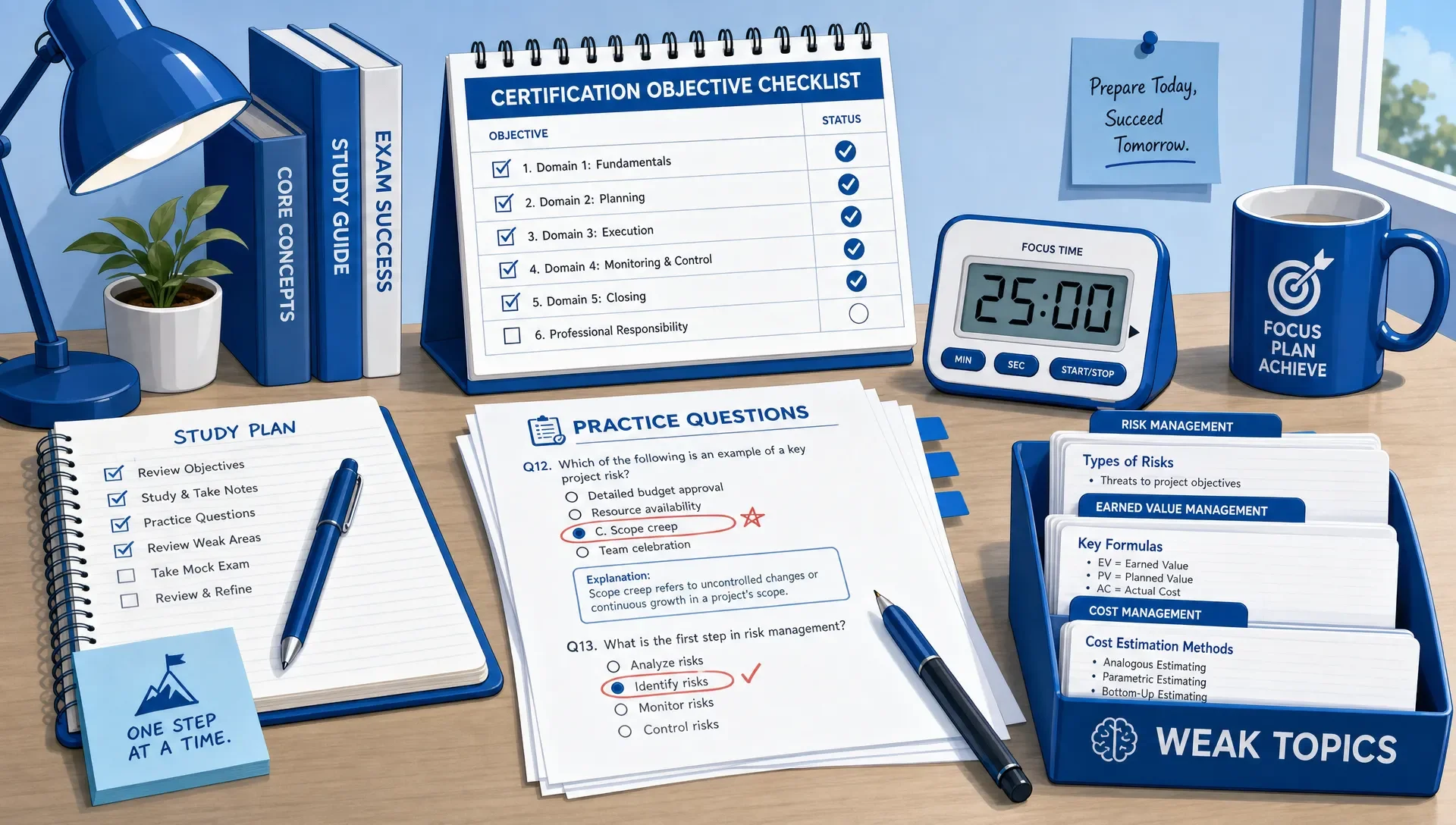 A study desk holds a certification objective checklist, a timer, marked practice questions, and flashcards grouped by weak topics.