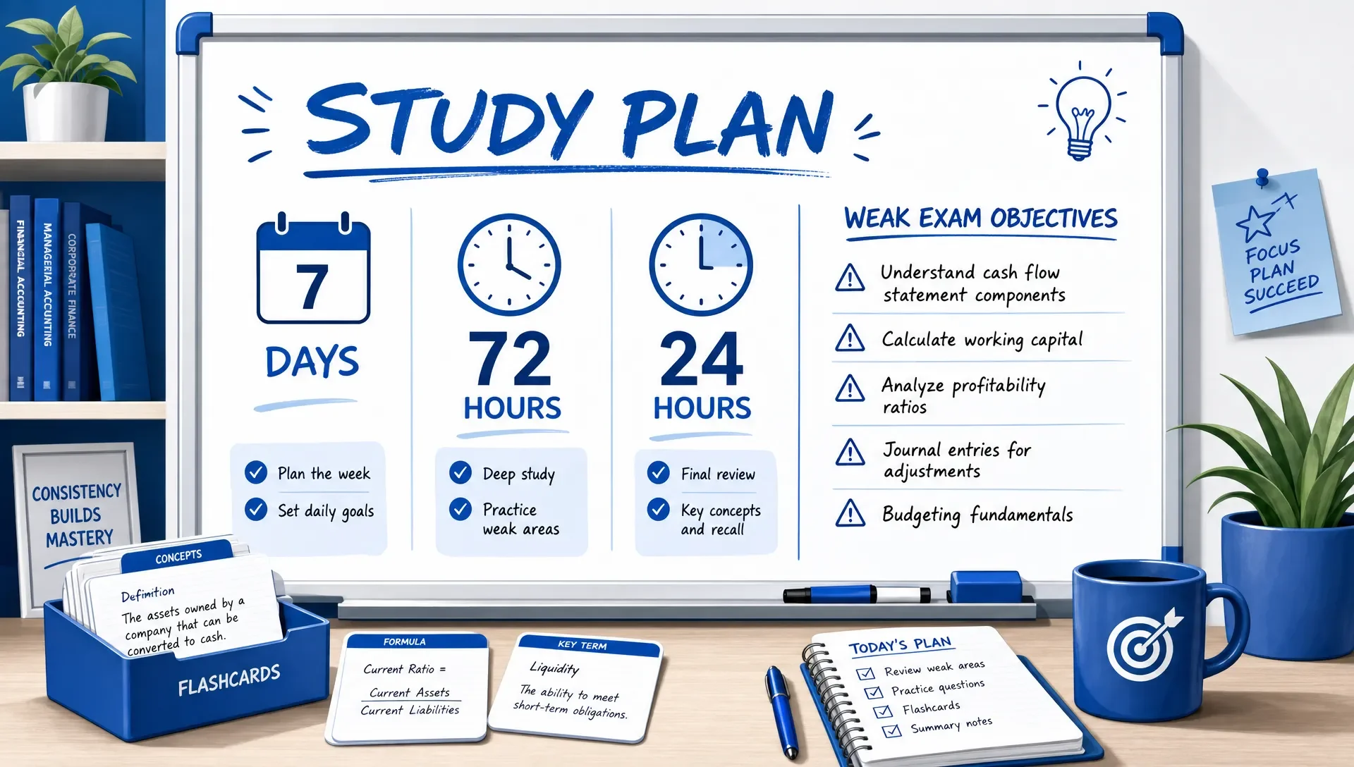 A whiteboard study plan shows 7 days, 72 hours, and 24 hours beside flashcards and a list of weak exam objectives.