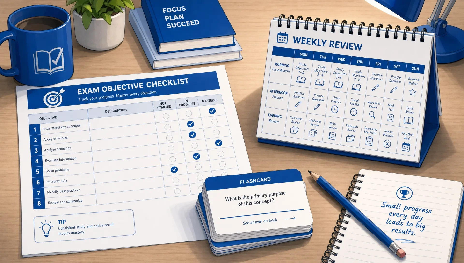 A study desk holds a printed exam objective checklist, flashcards, a weekly review calendar and a pencil.